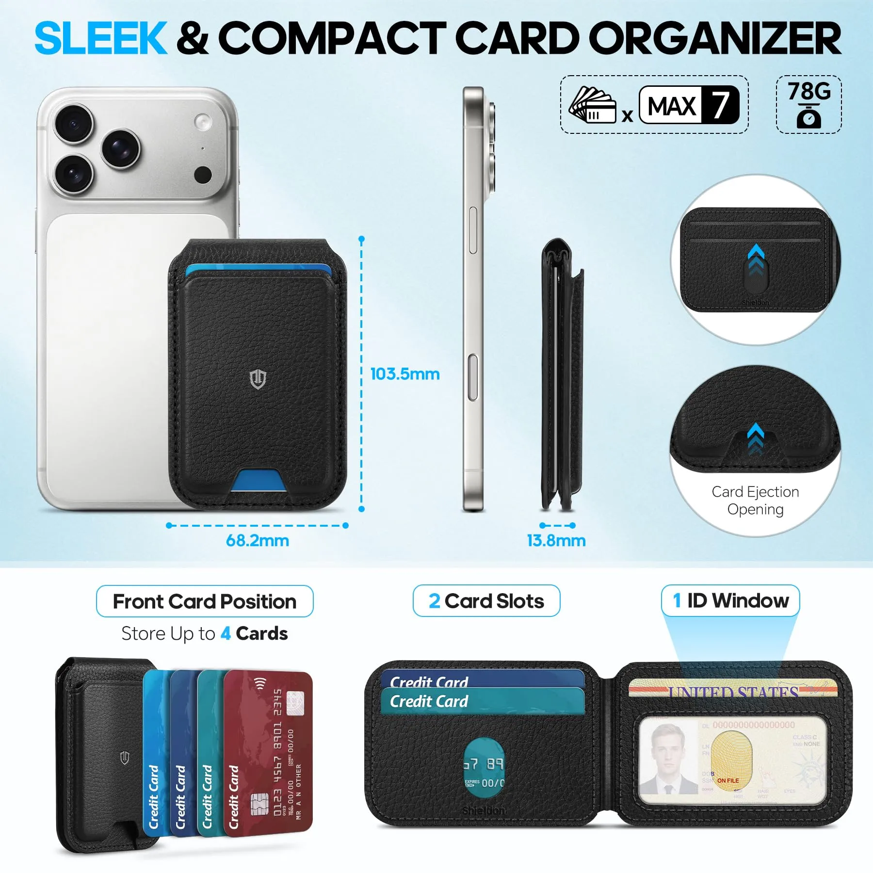 SHIELDON Porta Carte in Vera Pelle per MagSafe, Nero Litchi Grain - immagine 3