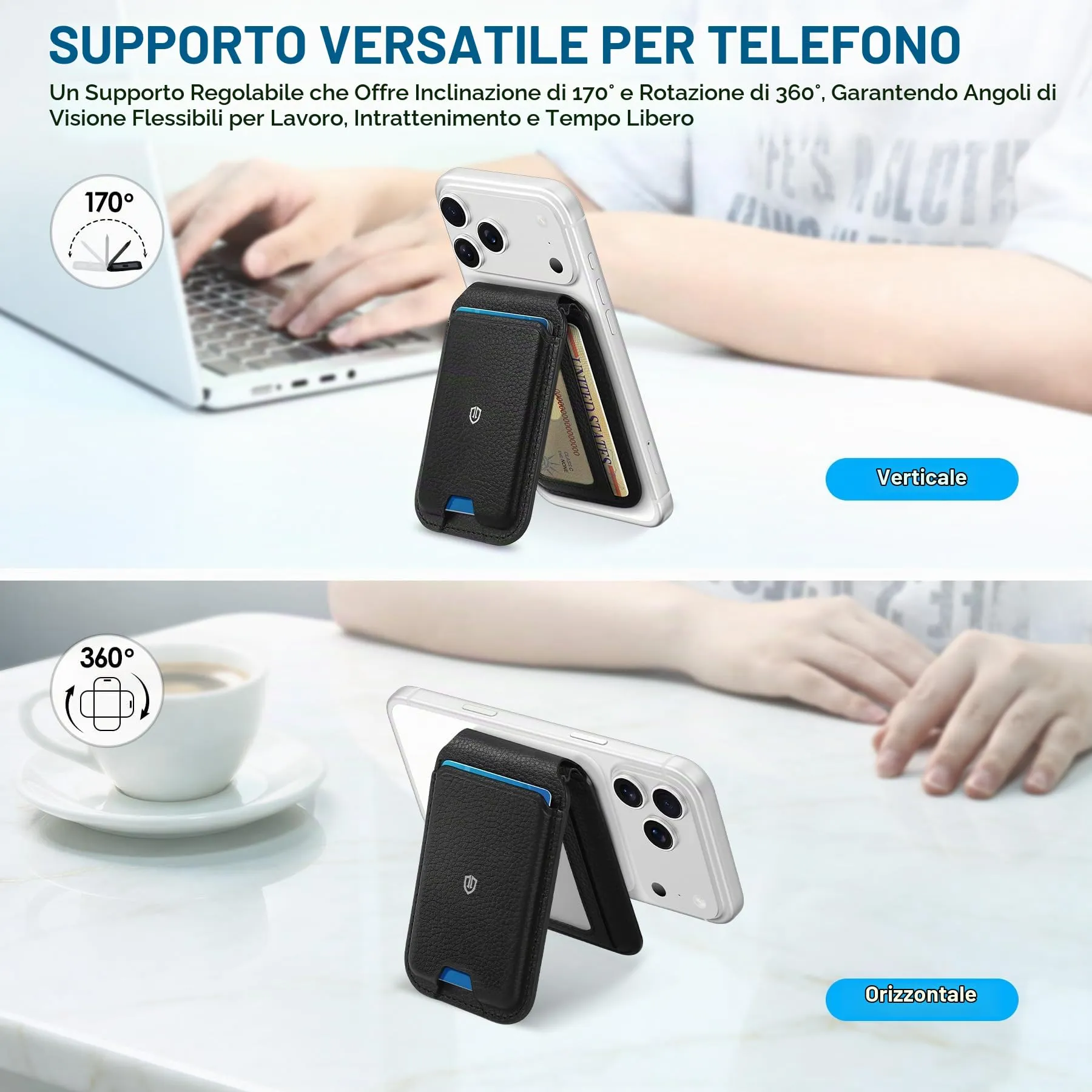 SHIELDON Porta Carte in Vera Pelle per MagSafe, Nero Litchi Grain - immagine 4