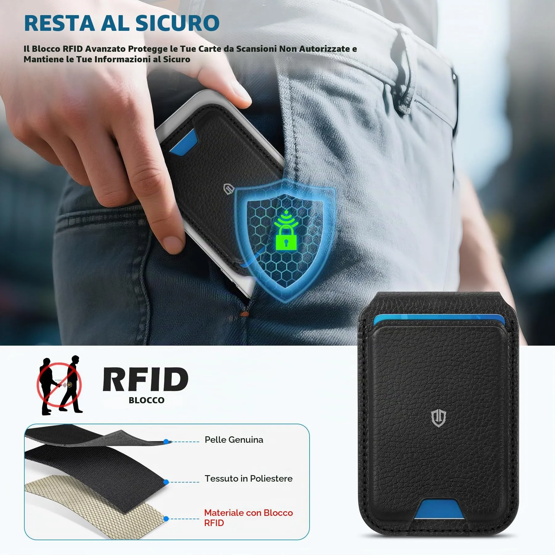 SHIELDON Porta Carte in Vera Pelle per MagSafe, Nero Litchi Grain - immagine 6