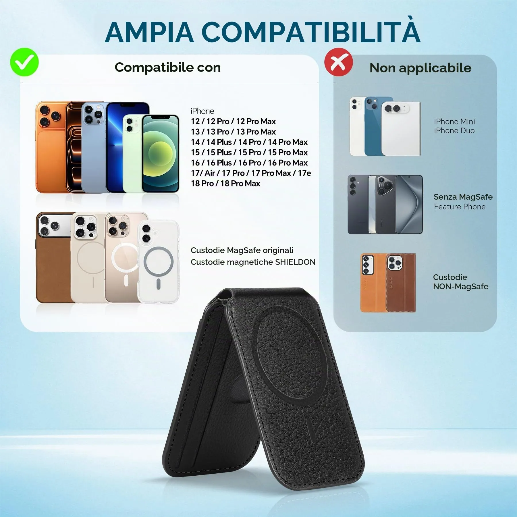 SHIELDON Porta Carte in Vera Pelle per MagSafe, Nero Litchi Grain - immagine 9