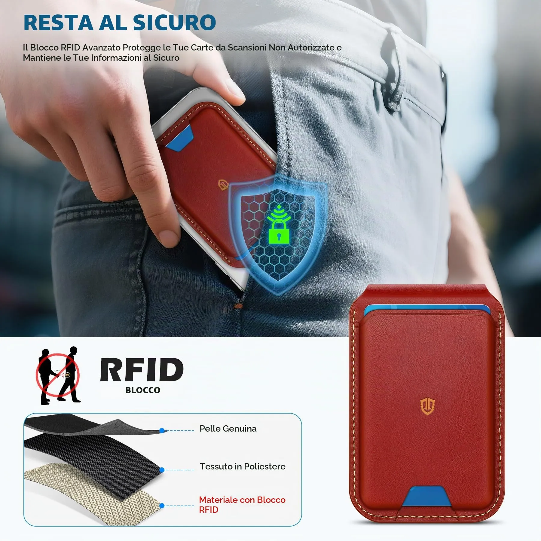 SHIELDON Portafoglio in Vera Pelle per MagSafe, Rosso Retrò - immagine 6