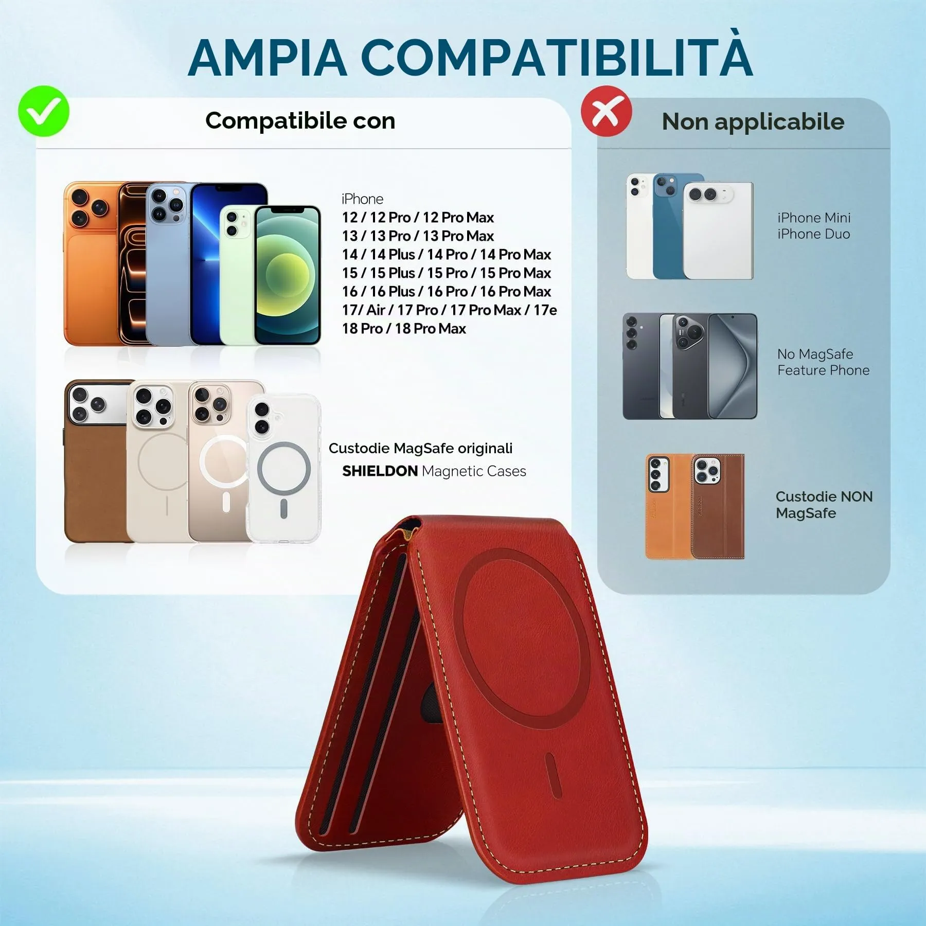 SHIELDON Portafoglio in Vera Pelle per MagSafe, Rosso Retrò - immagine 9
