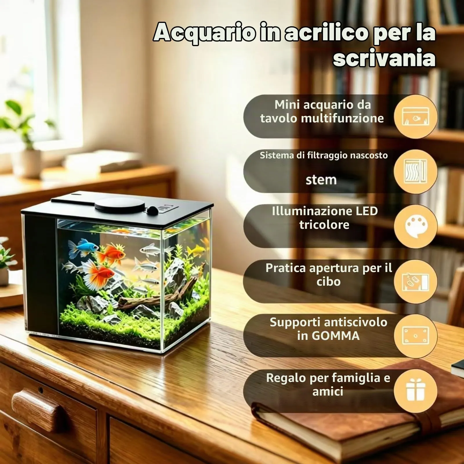 YNNHUDEEP Set Completo per Acquario con Filtro Laterale, Pompa e Illuminazione LED, 20x15x15cm - immagine 2