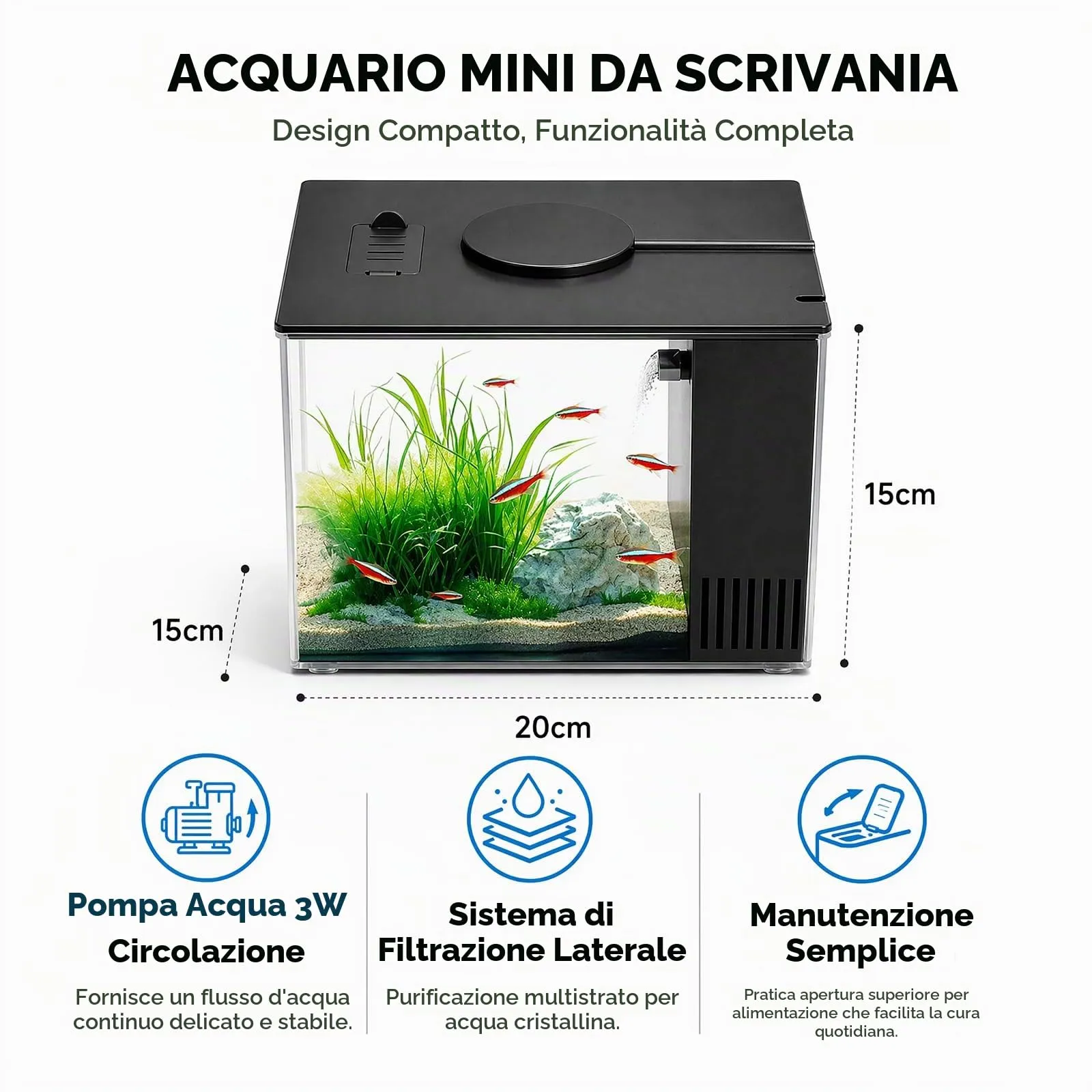 YNNHUDEEP Set Completo per Acquario con Filtro Laterale, Pompa e Illuminazione LED, 20x15x15cm - immagine 7