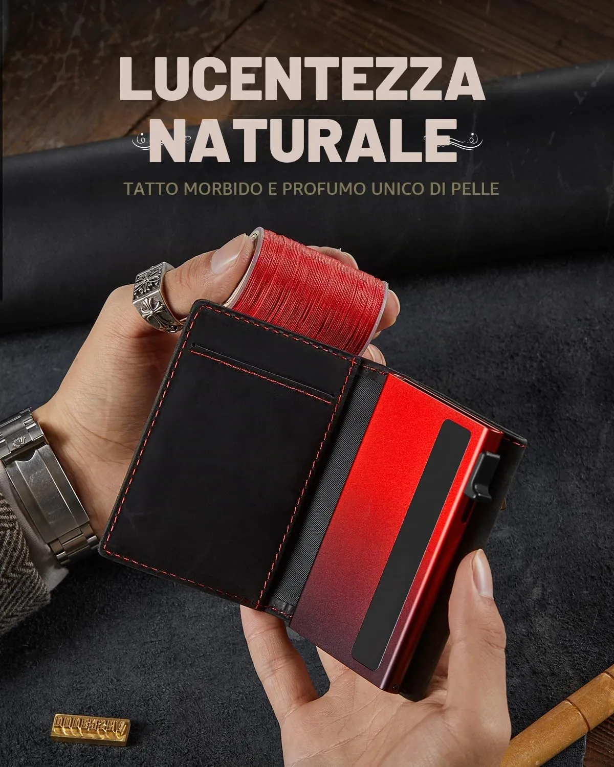 DODENSHA MagSnap Airtag Wallet Uomo, Portafoglio Smart per 10+ Carte con Scomparto Portamonete e Custodia per AirTag (Nero Rosso) - immagine 2