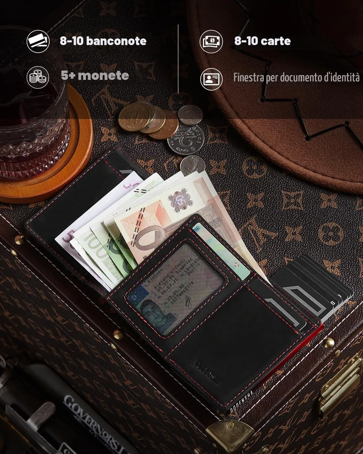 DODENSHA MagSnap Airtag Wallet Uomo, Portafoglio Smart per 10+ Carte con Scomparto Portamonete e Custodia per AirTag (Nero Rosso) - immagine 4