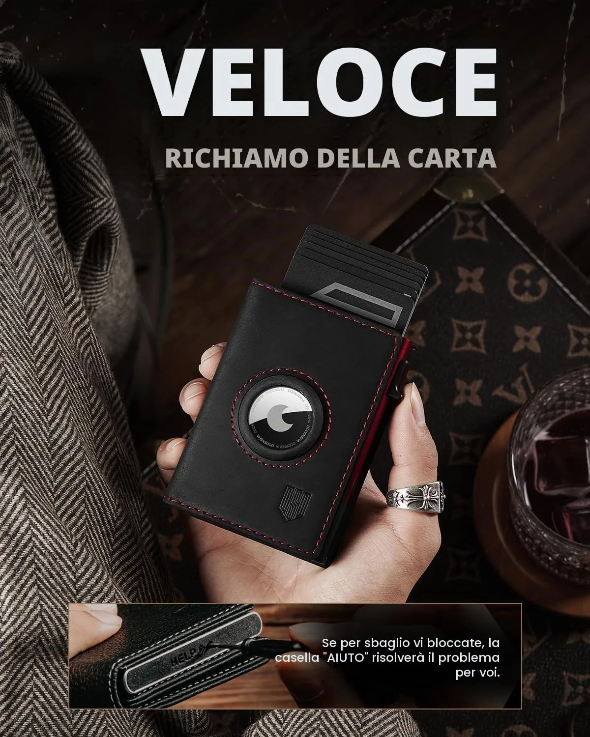 DODENSHA MagSnap Airtag Wallet Uomo, Portafoglio Smart per 10+ Carte con Scomparto Portamonete e Custodia per AirTag (Nero Rosso) - immagine 5