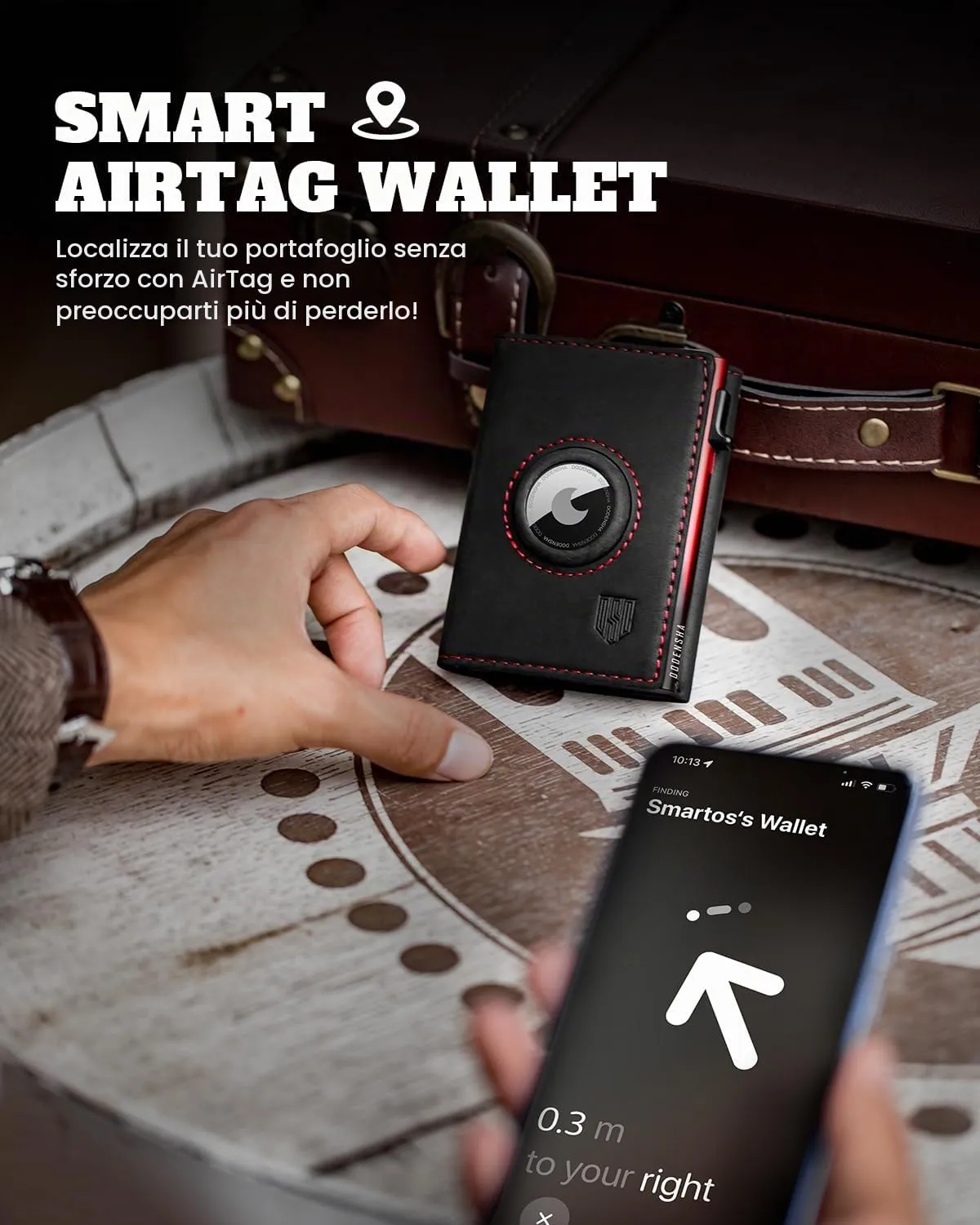 DODENSHA MagSnap Airtag Wallet Uomo, Portafoglio Smart per 10+ Carte con Scomparto Portamonete e Custodia per AirTag (Nero Rosso) - immagine 6