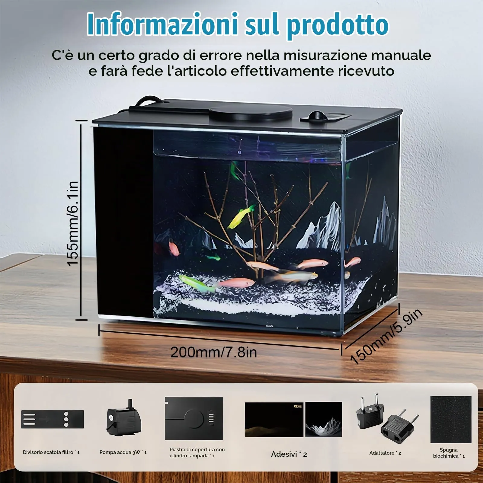 Keltorio Set Completo Acquario 4,65 L con Pompa Filtro e Illuminazione LED, 200 x 150 x 155 mm - immagine 2