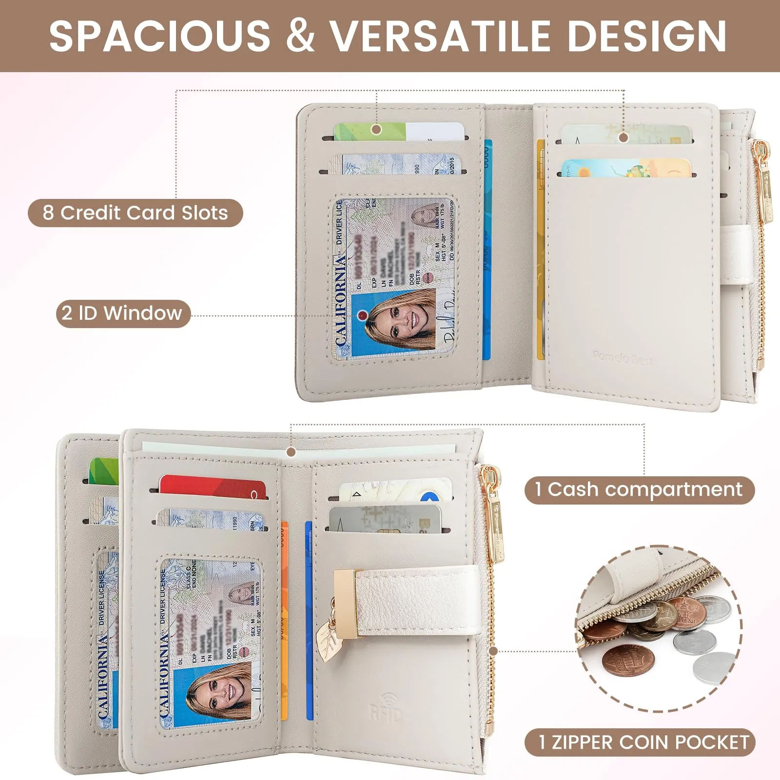 Pomelo Best Portafoglio Donna in Pelle Vegana con Protezione RFID, 8 Scomparti Carte e Portamonete con Cerniera (Beige) - immagine 2