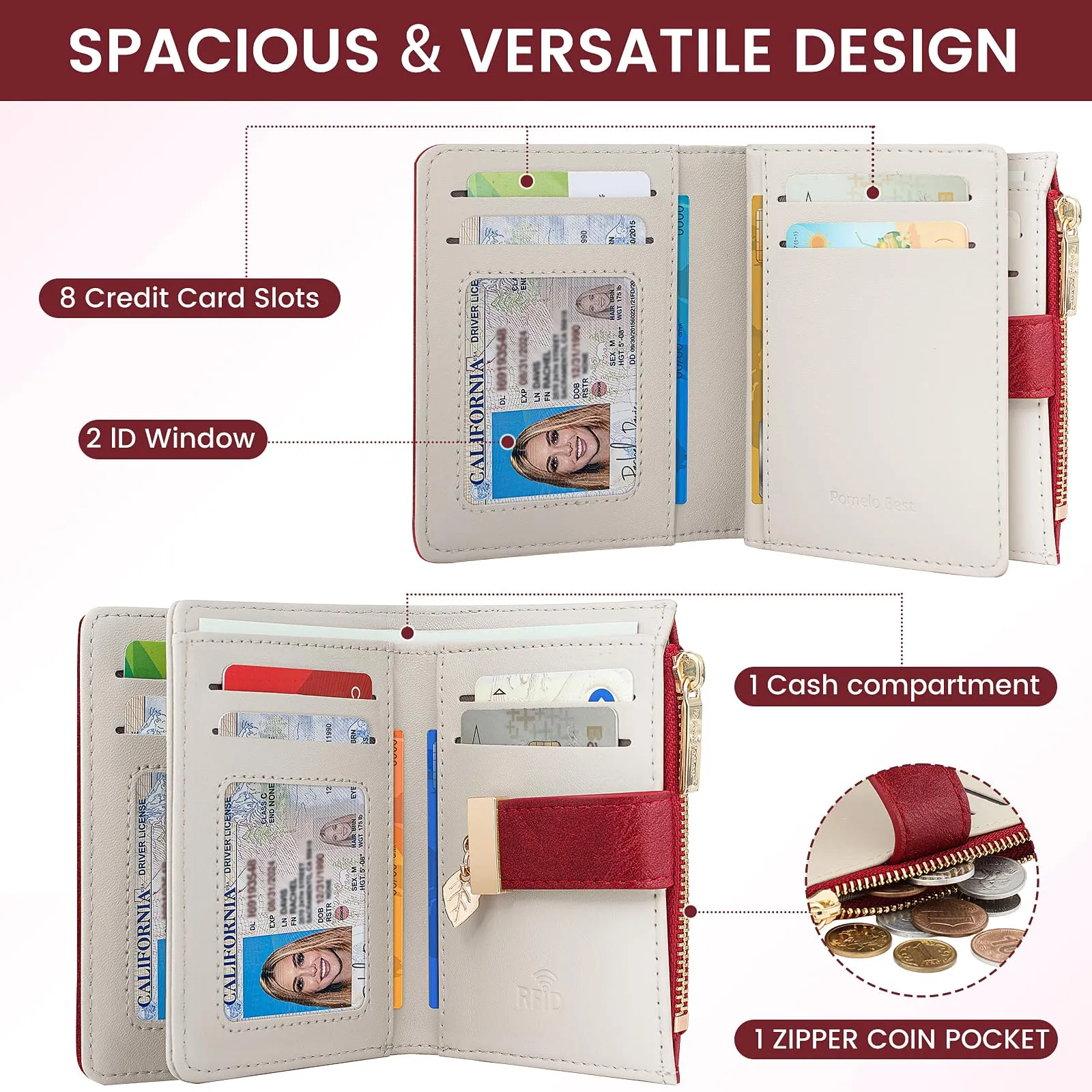 Pomelo Best Portafoglio Donna in Pelle Vegana con Protezione RFID, 8 Scomparti Carte e Portamonete con Cerniera (Rosso) - immagine 2