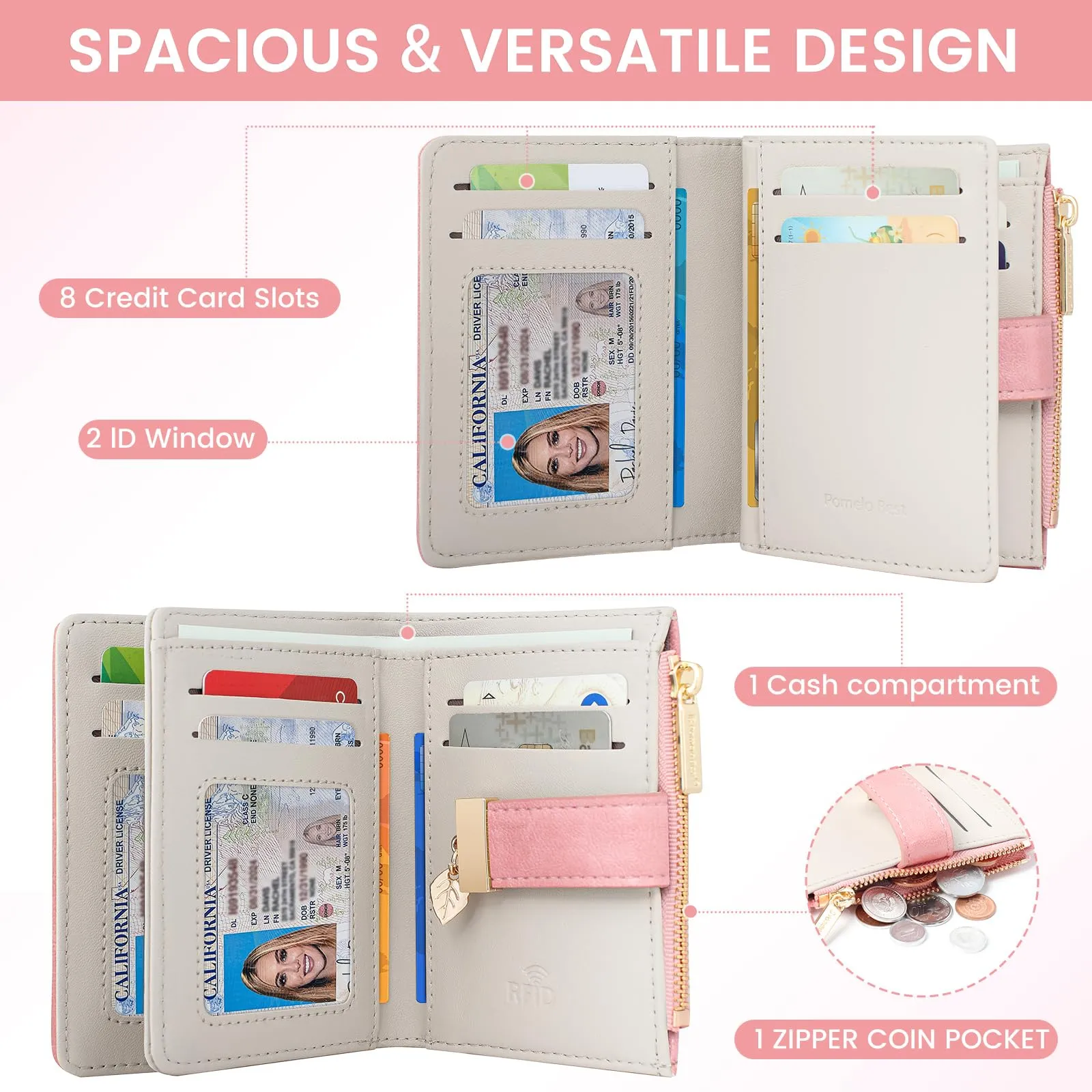 Pomelo Best Portafoglio Donna in Pelle Vegana con Protezione RFID, 8 Scomparti Carte, Finestrino Patente e Portamonete con Cerniera - immagine 3