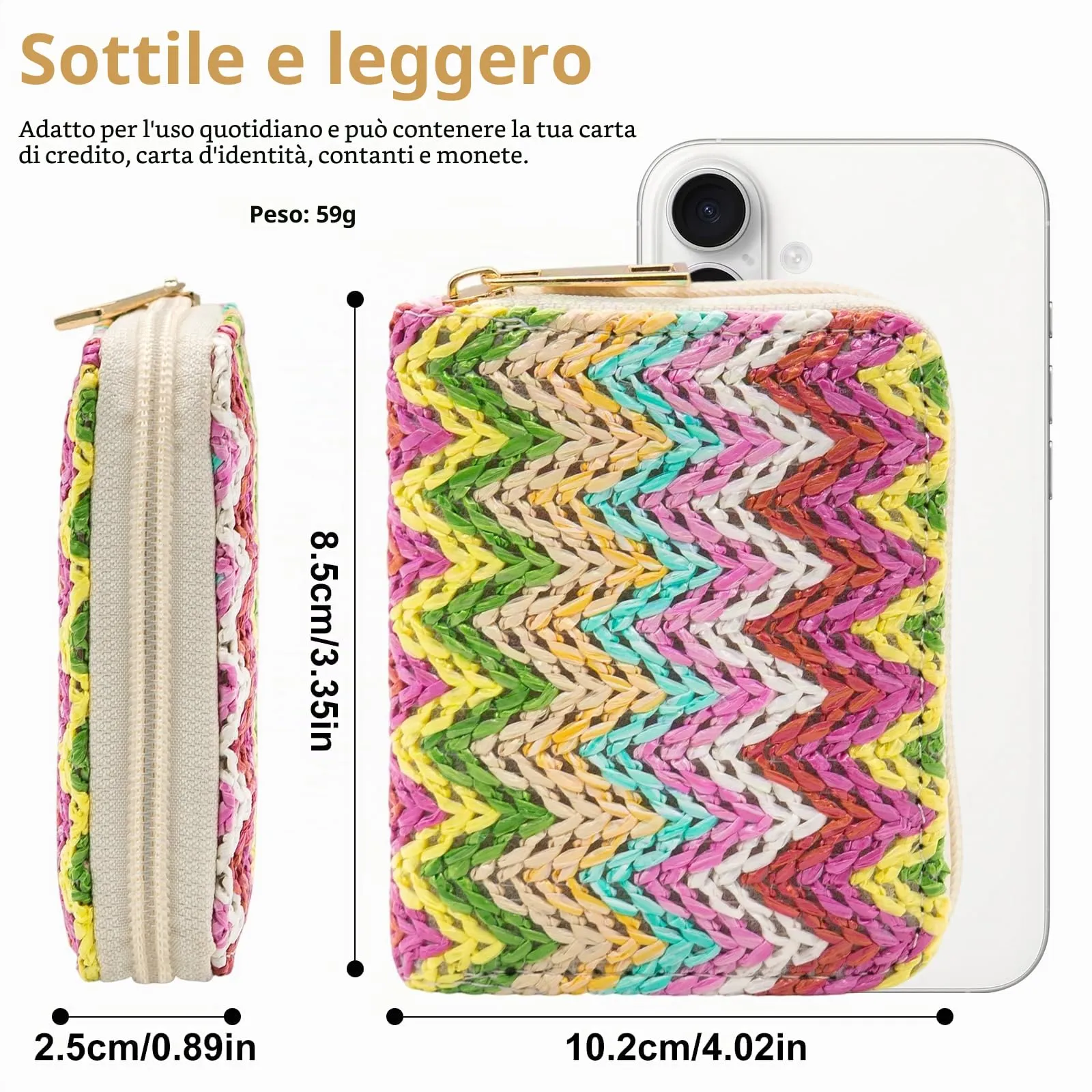 LJCZKA Portafoglio in Paglia per Carte di Credito e Monete da Donna con Cerniera - immagine 2
