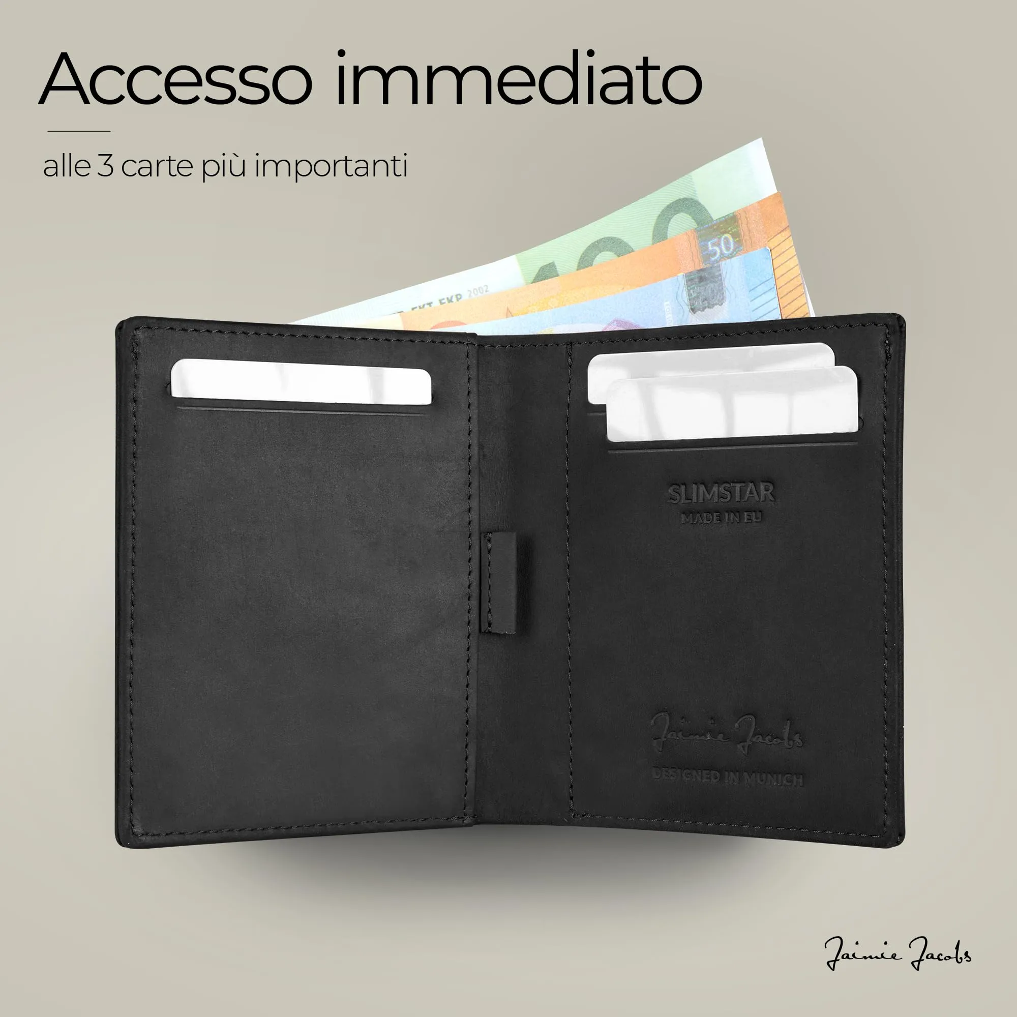 Jaimie Jacobs Slimstar Portafoglio Uomo RFID in Pelle di Bufalo Nero - immagine 3