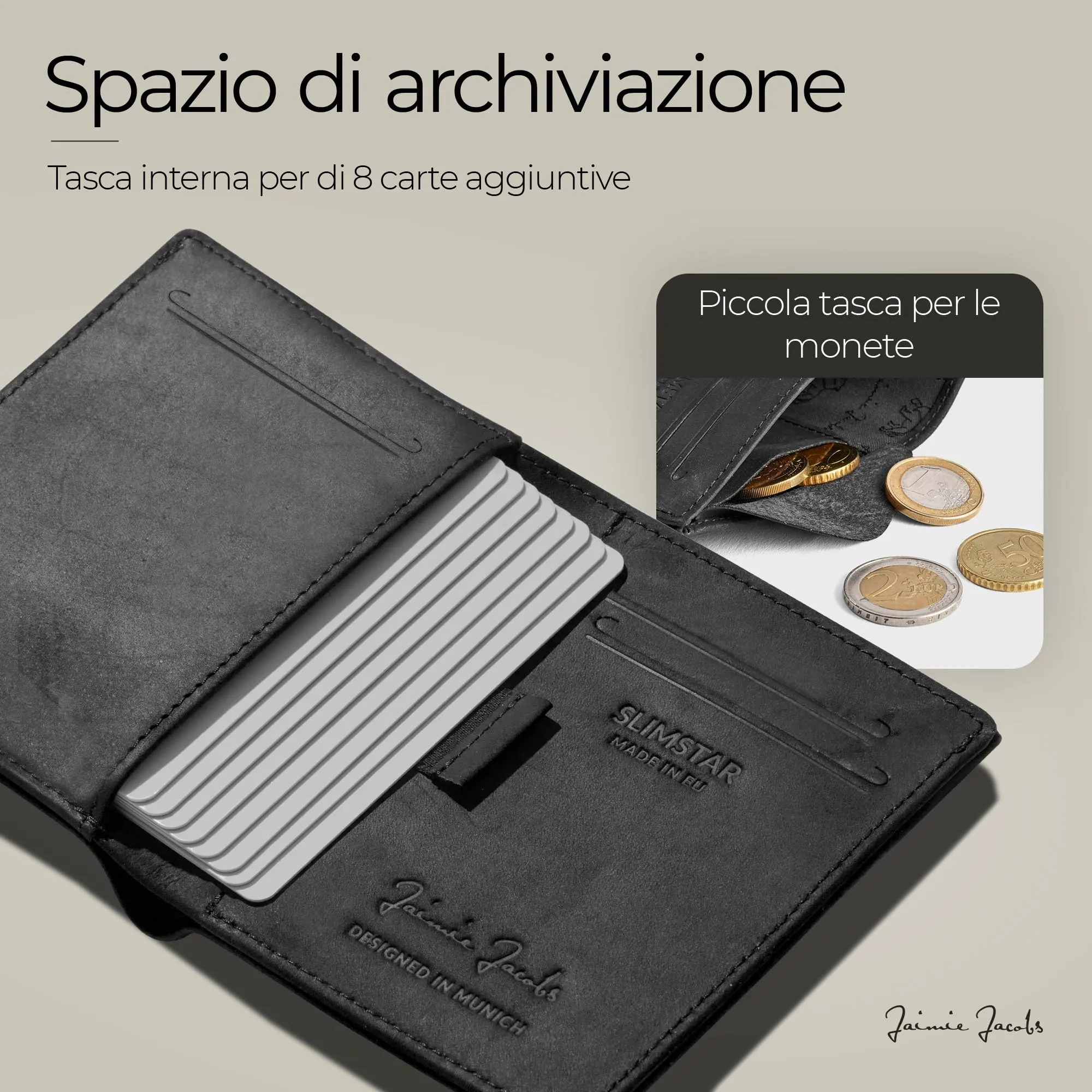 Jaimie Jacobs Slimstar Portafoglio Uomo RFID in Pelle di Bufalo Nero - immagine 4