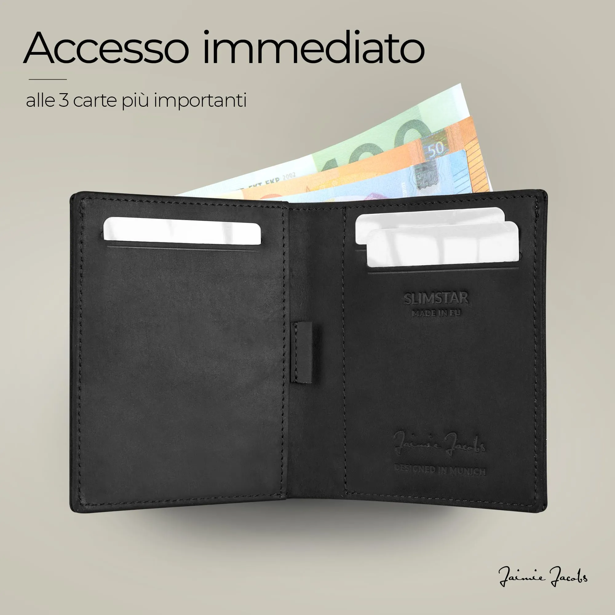 Jaimie Jacobs SLIMSTAR Portafoglio Uomo Piccolo RFID con Vano Apple AirTag, Pelle di Bufalo Nero - immagine 3