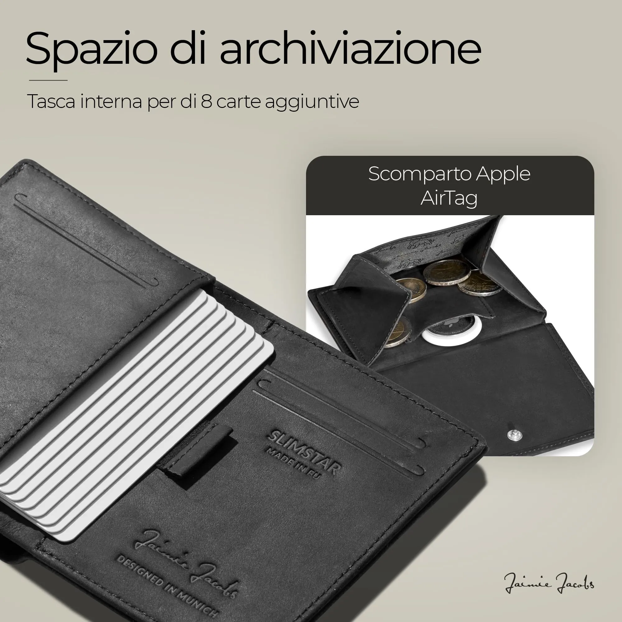 Jaimie Jacobs SLIMSTAR Portafoglio Uomo Piccolo RFID con Vano Apple AirTag, Pelle di Bufalo Nero - immagine 4