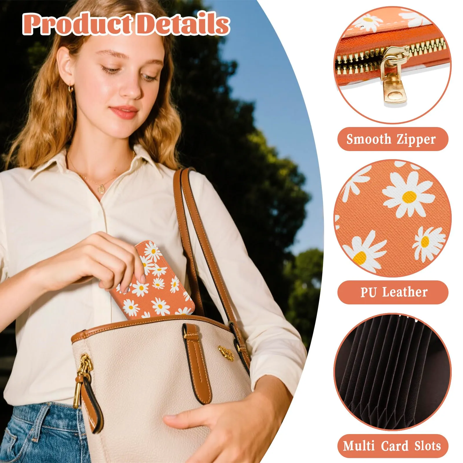 LJCZKA Portafoglio Portacarte Donna in Pelle PU con Cerniera, Motivo Floreale, 9 Slot per Carte e 2 Compartimenti - immagine 3