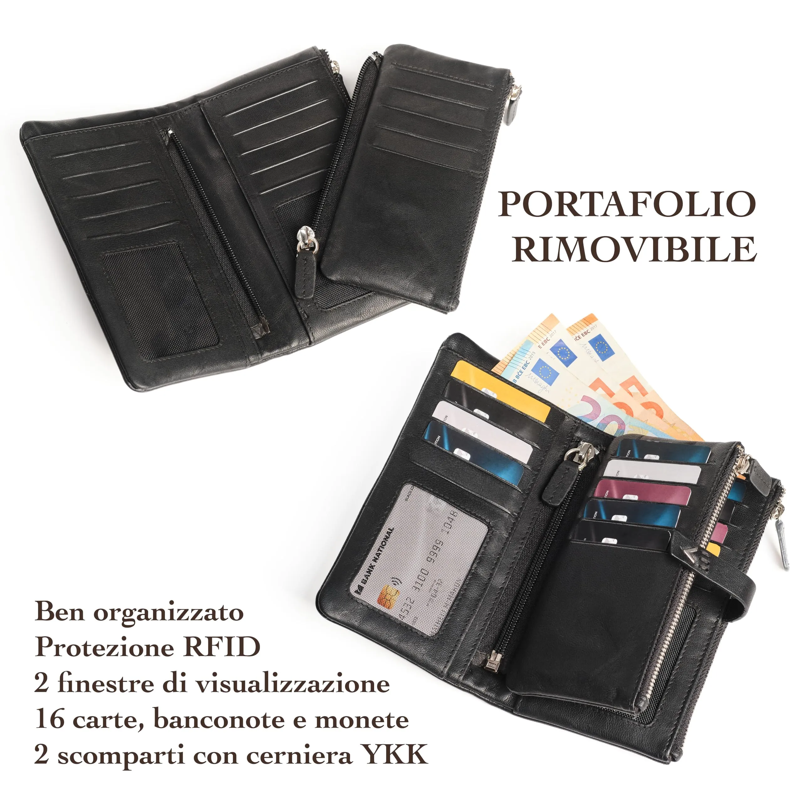 Lavalen Portafoglio Donna in Vera Pelle RFID Verticale con Portamonete Estraibile - Nero, Talla Grande - immagine 3