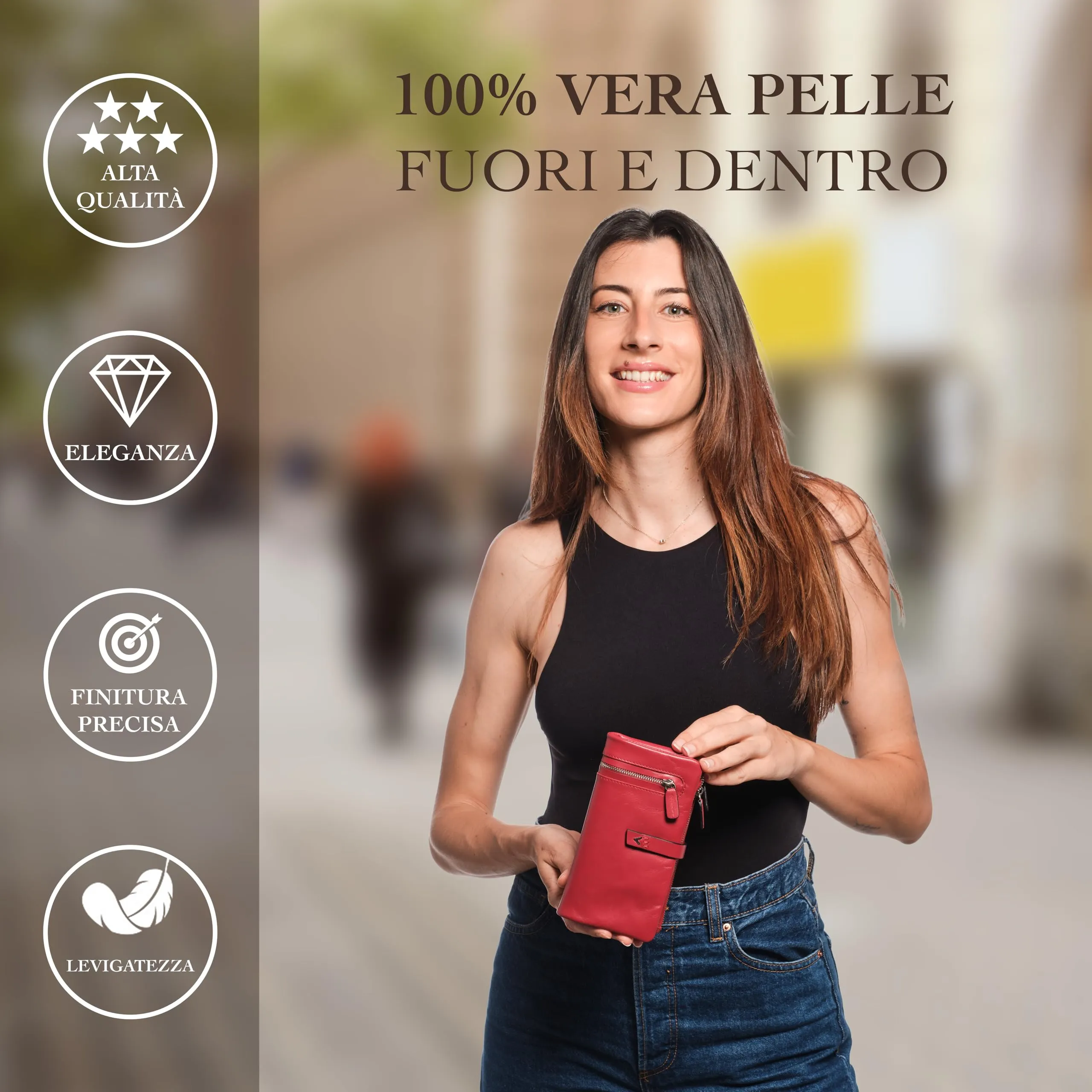 Lavalen Portafoglio Donna in Vera Pelle RFID Verticale con Portamonete Estraibile, Stelle, Rosso, Talla Grande (17x9cm) - immagine 2