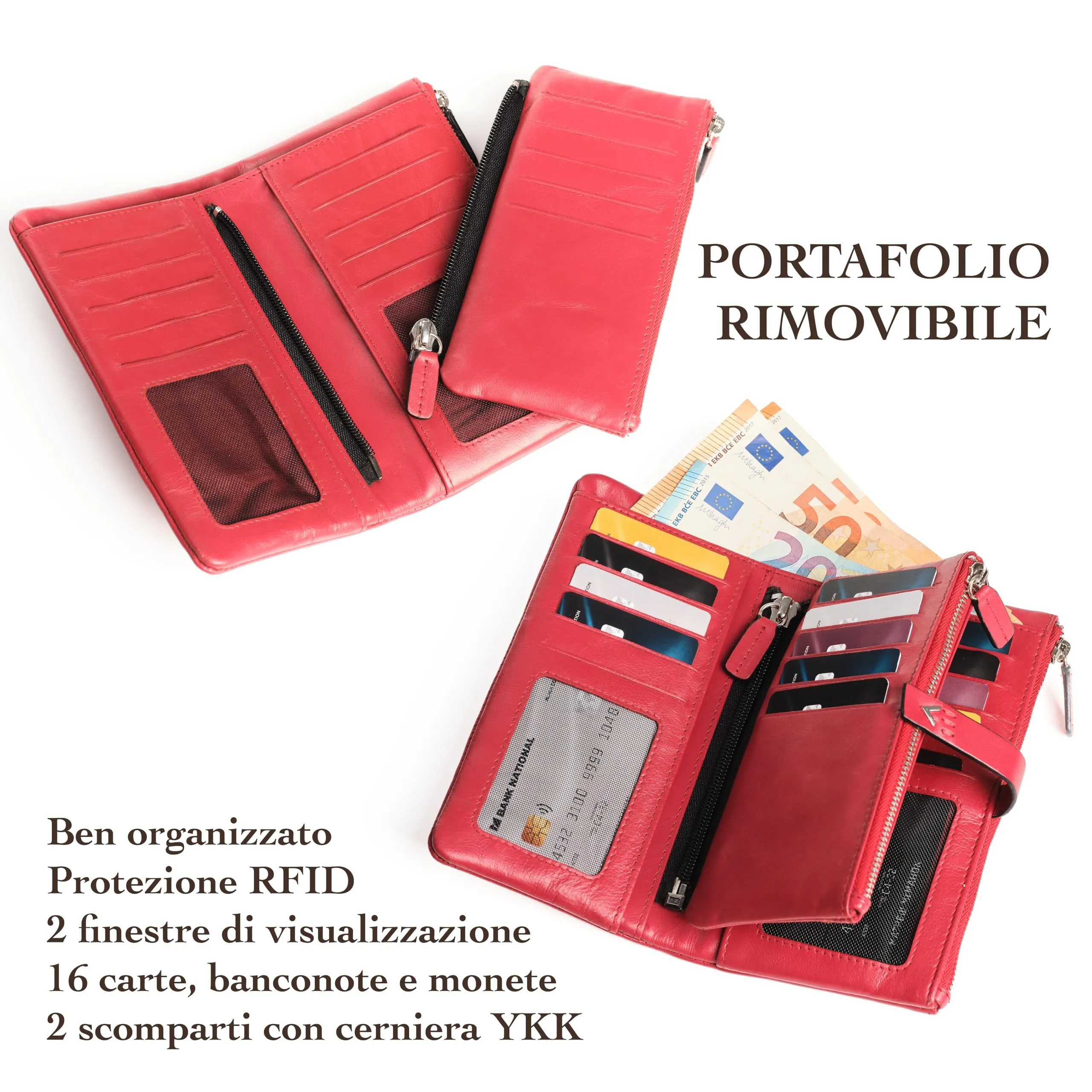 Lavalen Portafoglio Donna in Vera Pelle RFID Verticale con Portamonete Estraibile, Stelle, Rosso, Talla Grande (17x9cm) - immagine 3