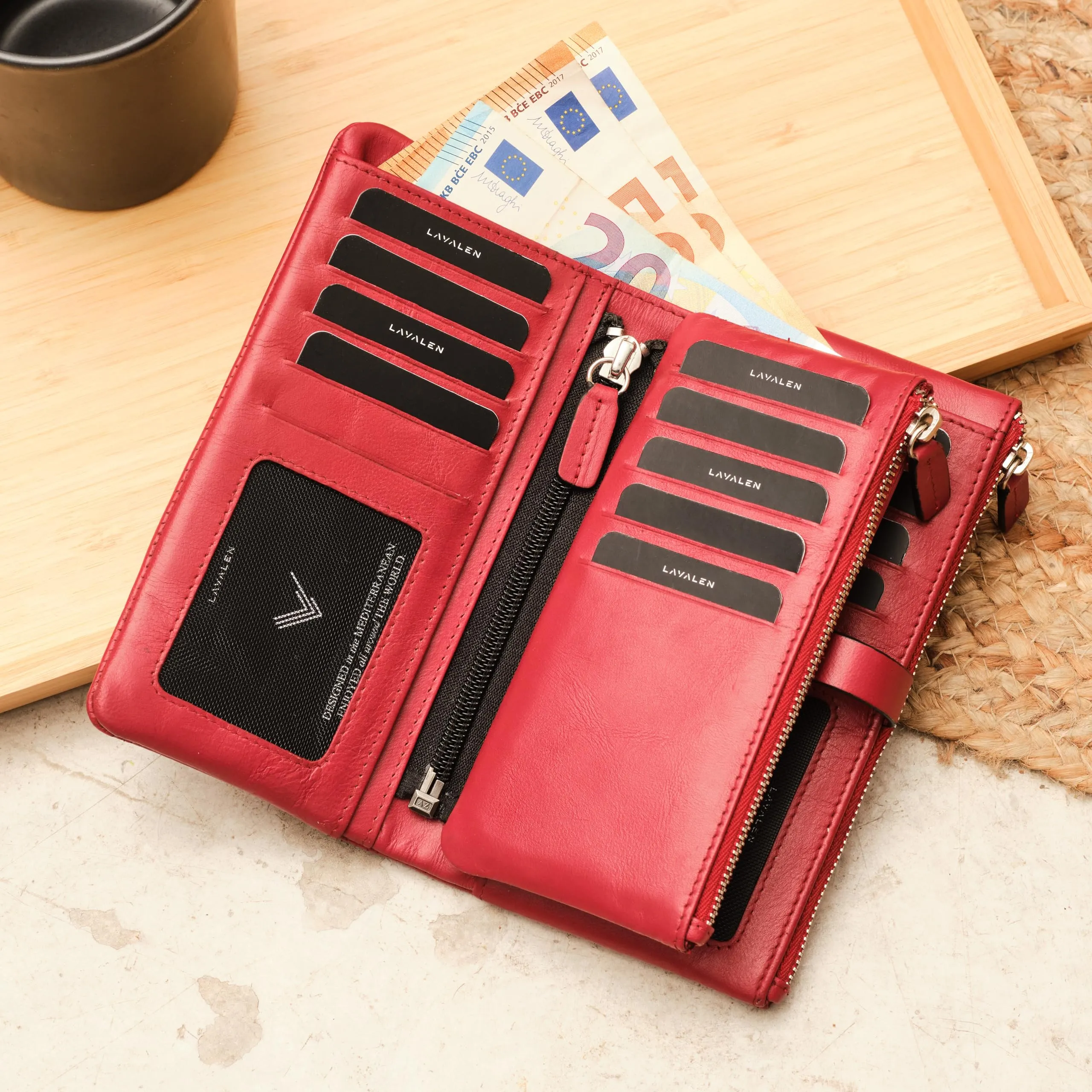 Lavalen Portafoglio Donna in Vera Pelle RFID Verticale con Portamonete Estraibile, Stelle, Rosso, Talla Grande (17x9cm) - immagine 5