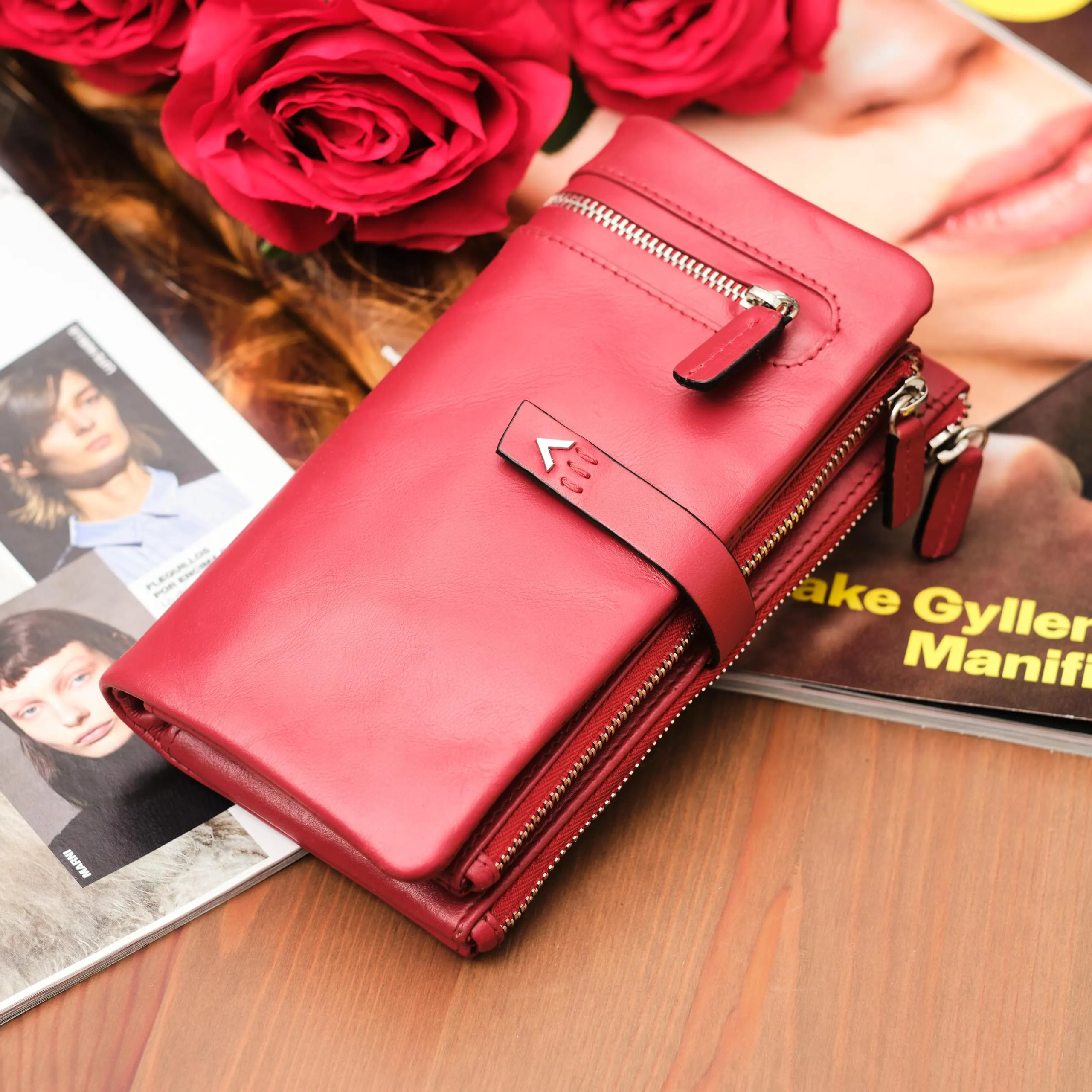 Lavalen Portafoglio Donna in Vera Pelle RFID Verticale con Portamonete Estraibile, Stelle, Rosso, Talla Grande (17x9cm) - immagine 6