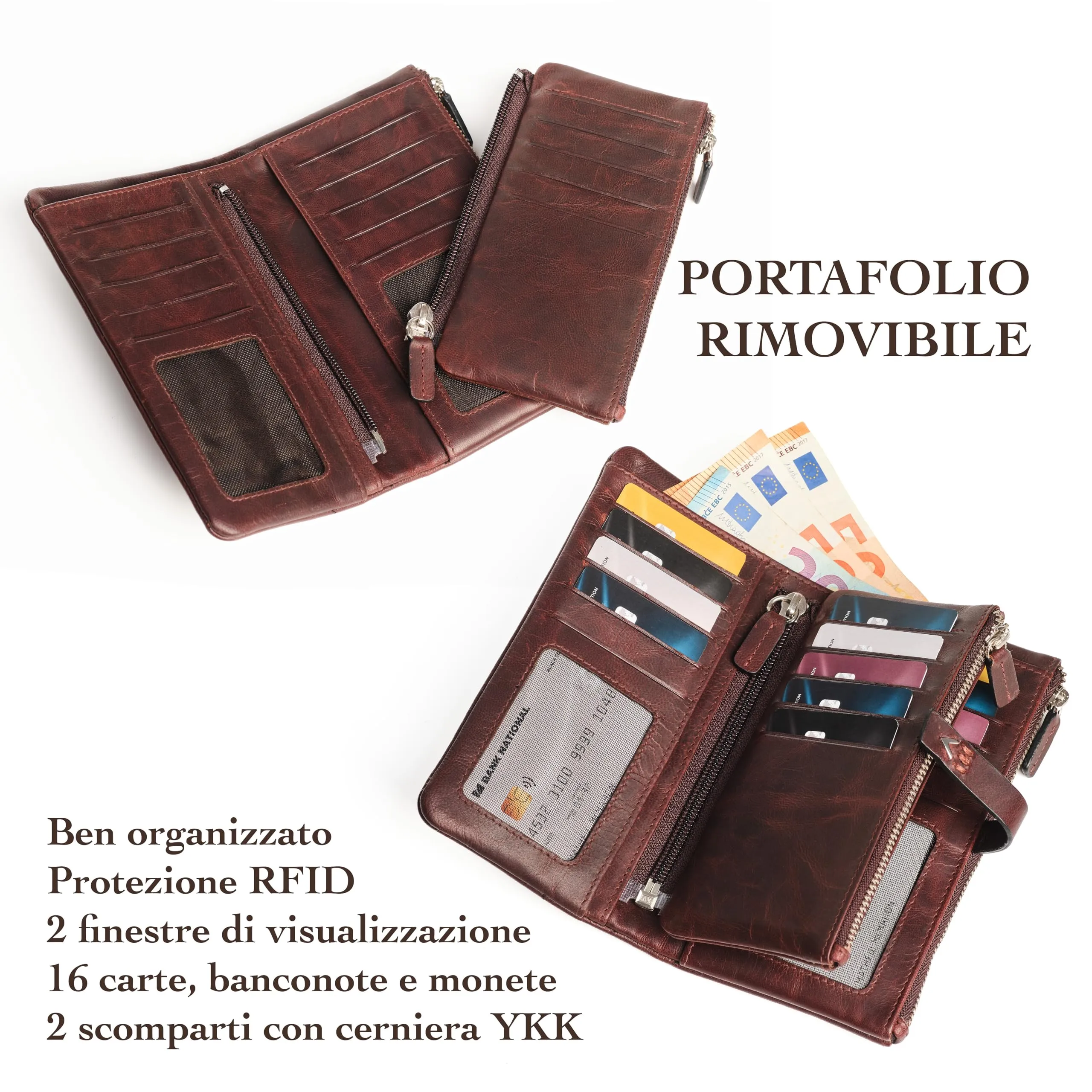 Lavalen Portafoglio Donna in Pelle con Portamonete Estraibile e Protezione RFID, Marrone, Talla Grande (17x9cm) - immagine 3
