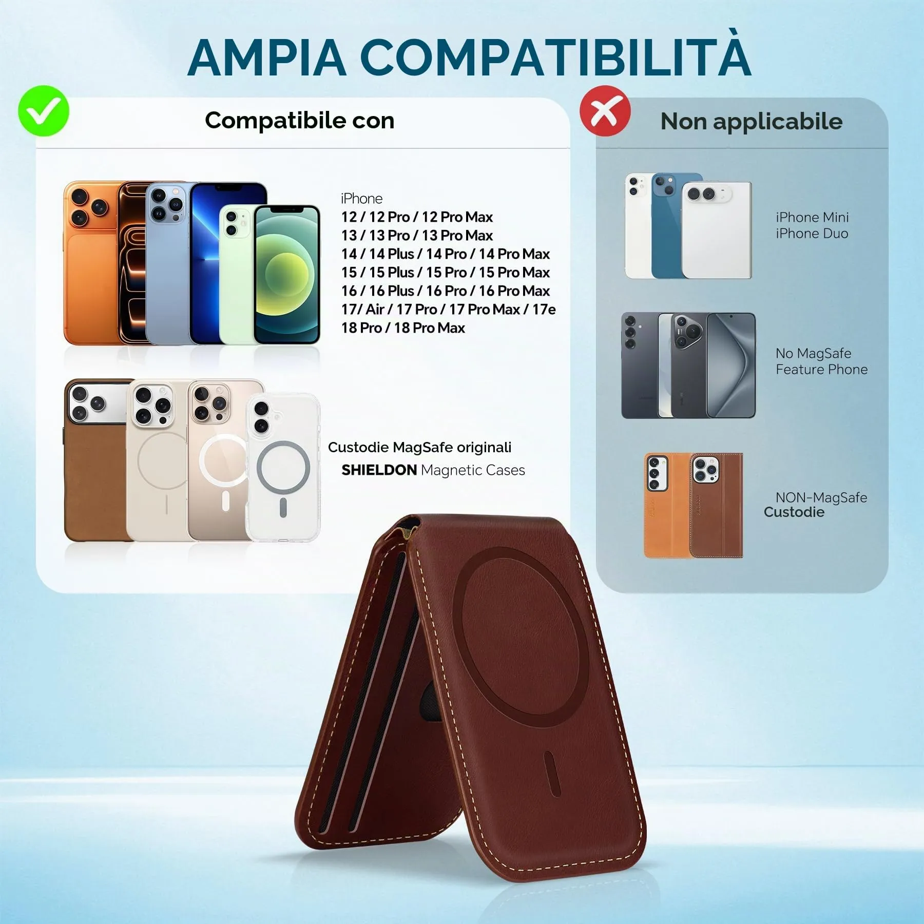 SHIELDON Portafoglio Magnetico in Vera Pelle per MagSafe, Caffè Retrò - immagine 9