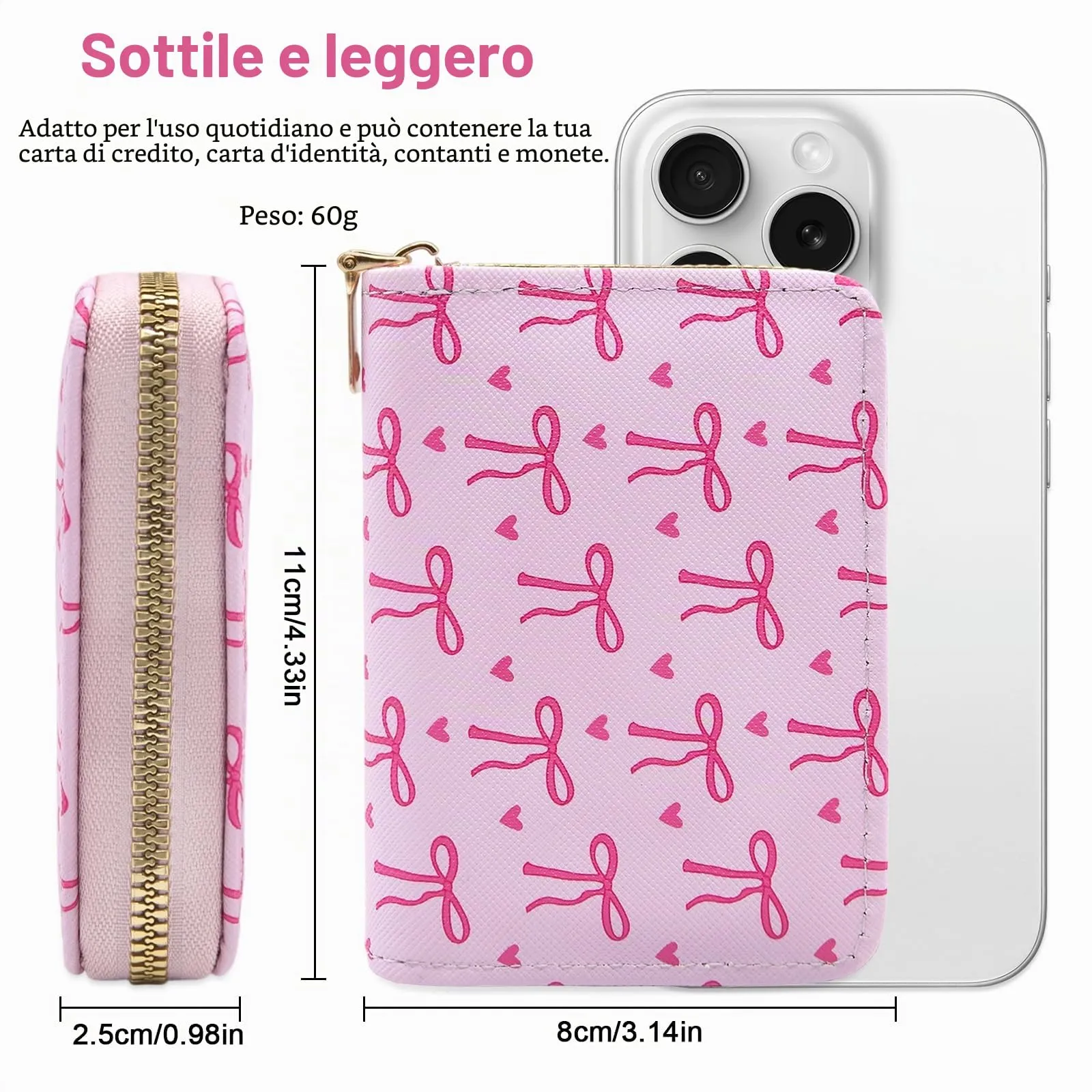 LJCZKA Porta Carte di Credito Donna RFID con Cerniera, 9 Slot per Carte e 2 Compartimenti, Fiocco Rosa Rosso - immagine 2