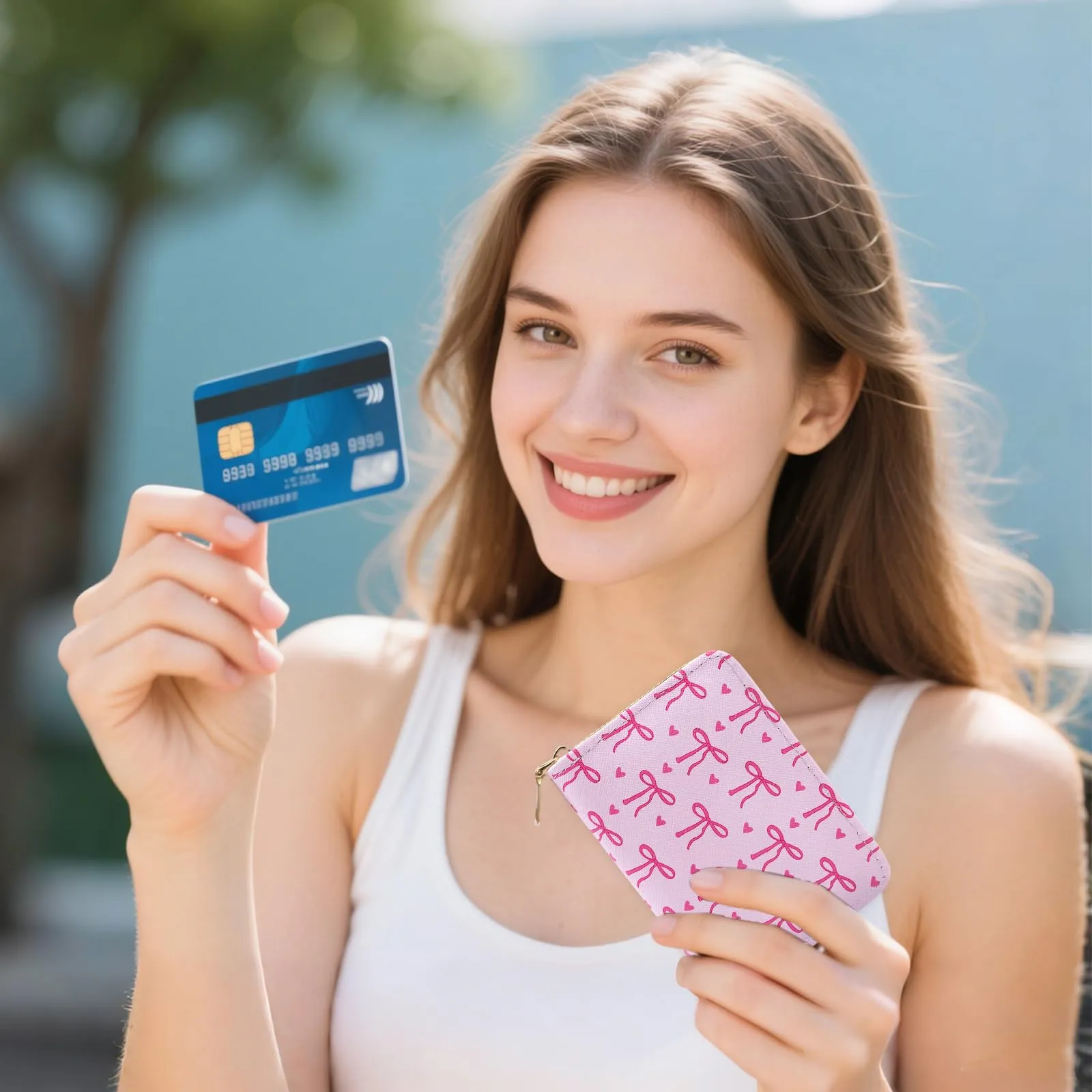 LJCZKA Porta Carte di Credito Donna RFID con Cerniera, 9 Slot per Carte e 2 Compartimenti, Fiocco Rosa Rosso - immagine 7
