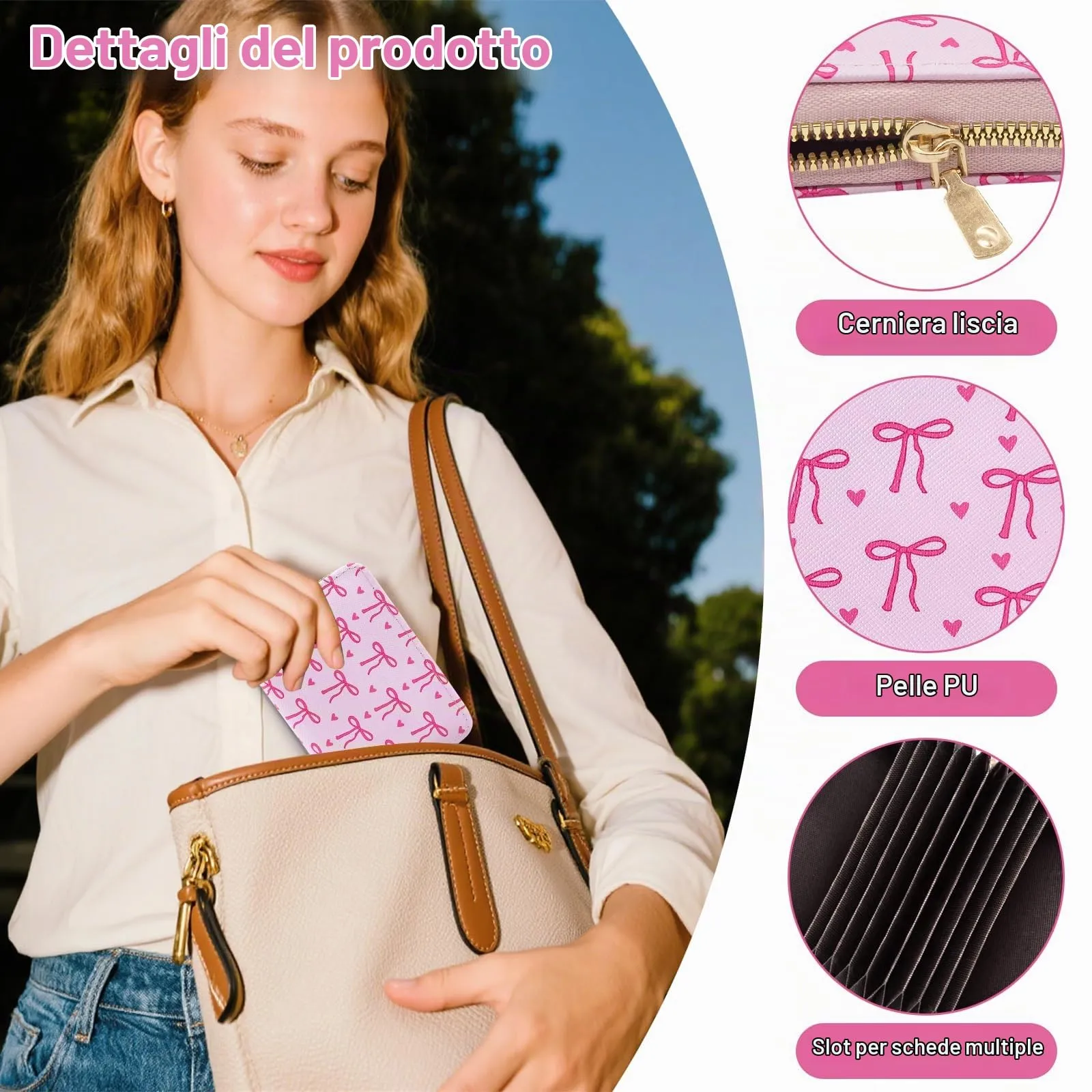 LJCZKA Porta Carte di Credito Donna RFID con Cerniera, 9 Slot e 2 Compartimenti - Fiocco Bianco - immagine 3