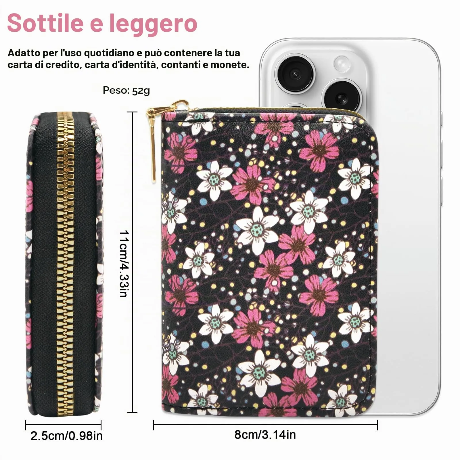 LJCZKA Portafoglio Porta Carte in Pelle PU con Cerniera, 9 Slot per Carte e 2 Compartimenti, Design Floreale - immagine 2