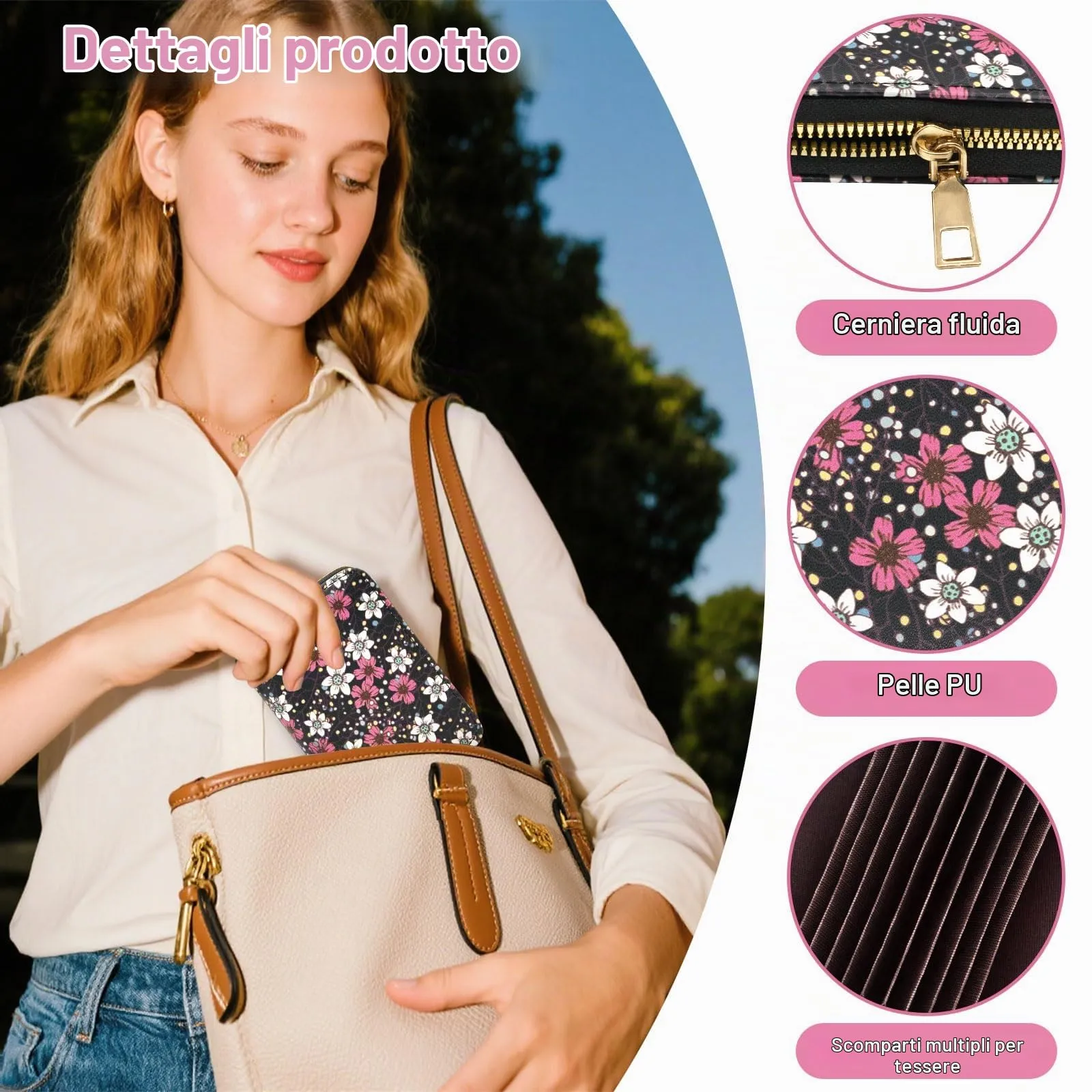 LJCZKA Portafoglio Porta Carte in Pelle PU con Cerniera, 9 Slot per Carte e 2 Compartimenti, Design Floreale - immagine 3