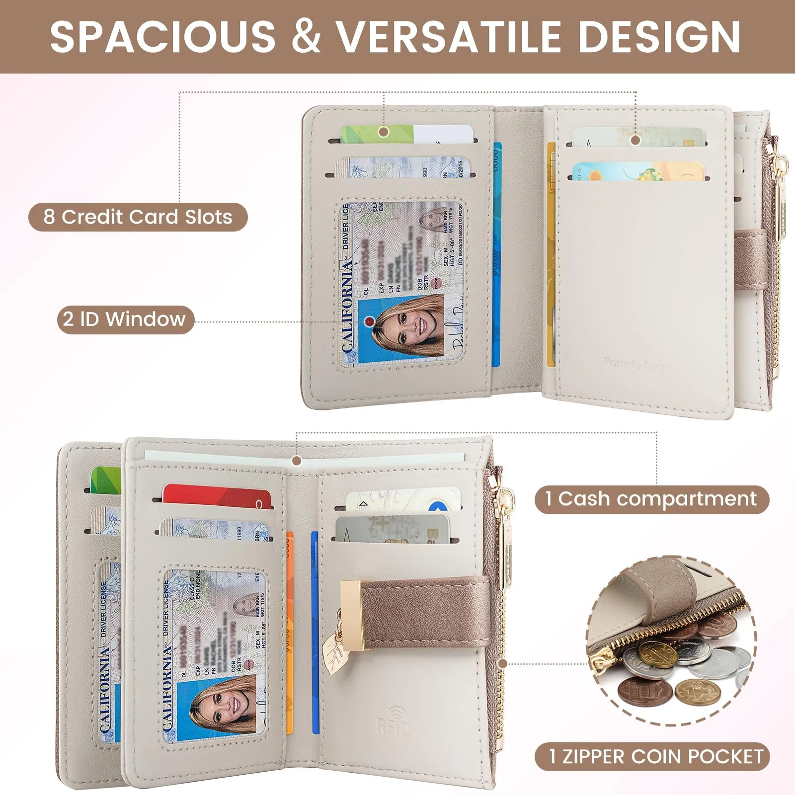 Pomelo Best Portafoglio Donna in Pelle Vegana con Protezione RFID, 8 Scomparti Carte, Finestrino Patente e Portamonete con Cerniera - Khaki - immagine 2