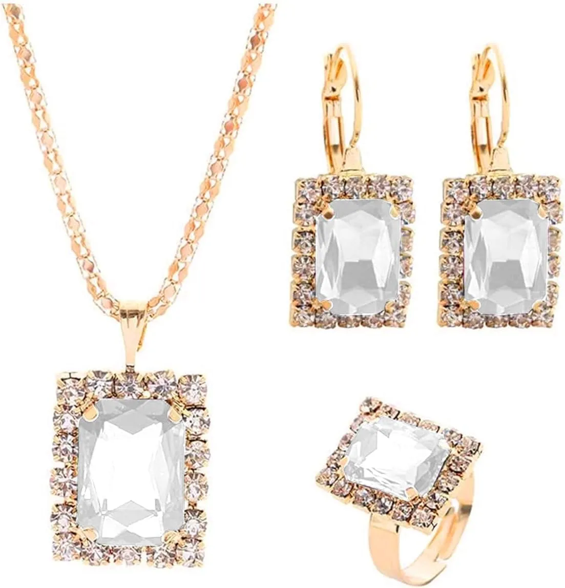 BWOOOWE Parure Gioielli Donna con Ciondolo Rettangolare Luminoso, Collana, Orecchini e Anello (Bianco) - immagine 1