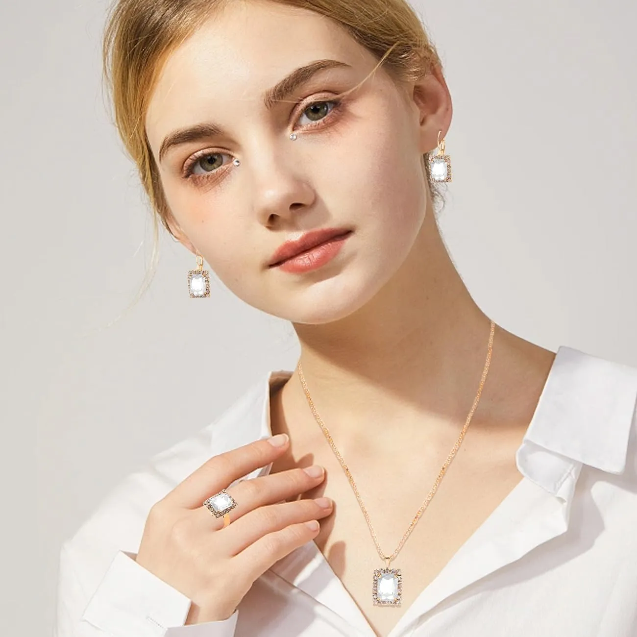 BWOOOWE Parure Gioielli Donna con Ciondolo Rettangolare Luminoso, Collana, Orecchini e Anello (Bianco) - immagine 5