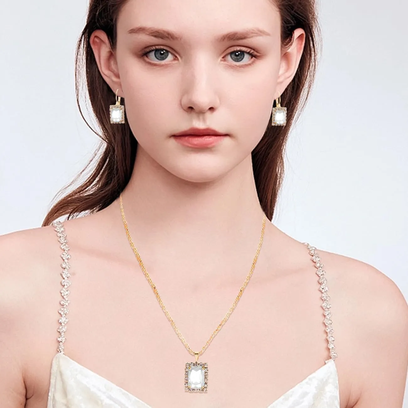 BWOOOWE Parure Gioielli Donna con Ciondolo Rettangolare Luminoso, Collana, Orecchini e Anello (Bianco) - immagine 6