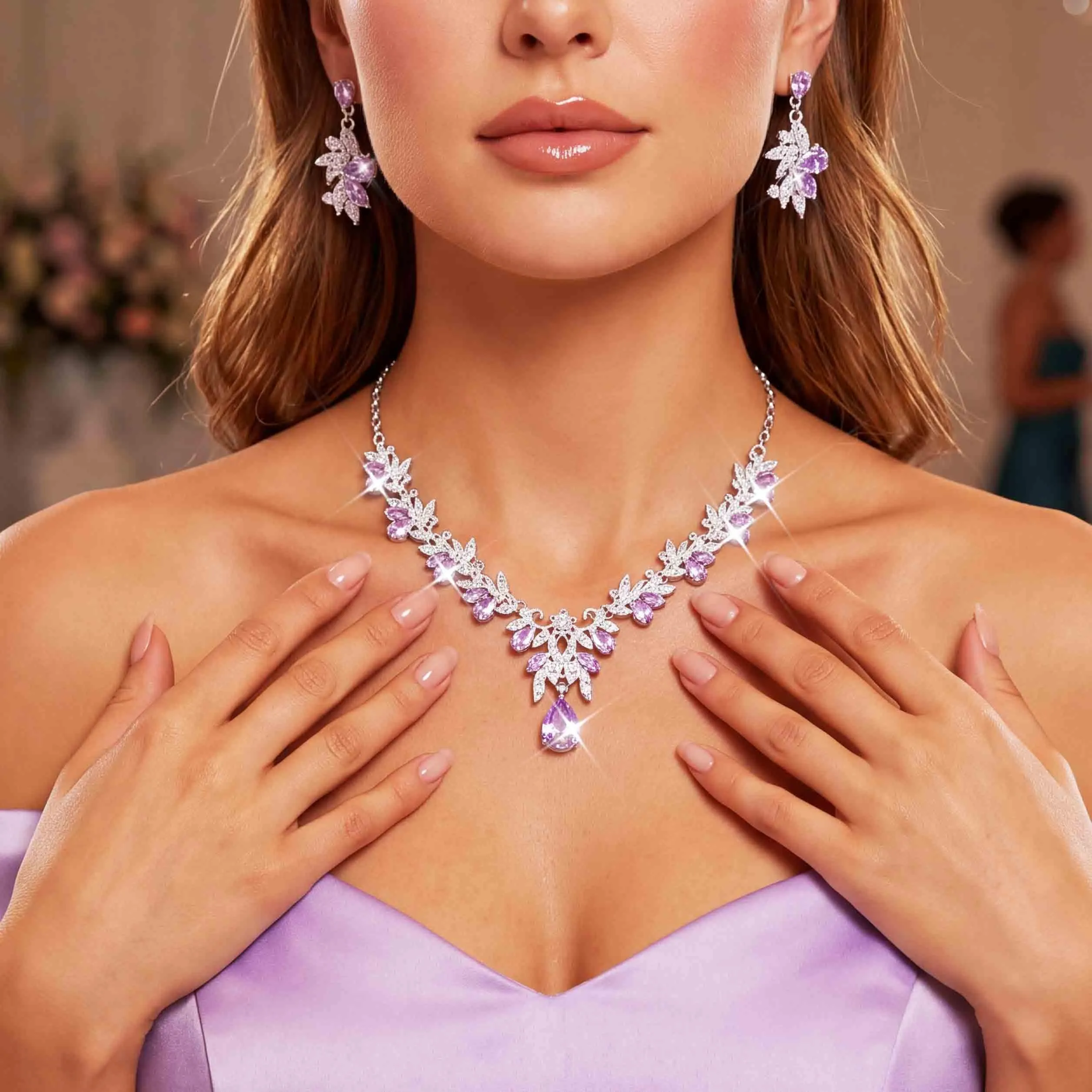 Fashband Set di gioielli da sposa con cristalli e perle sintetiche, collana e orecchini - immagine 5