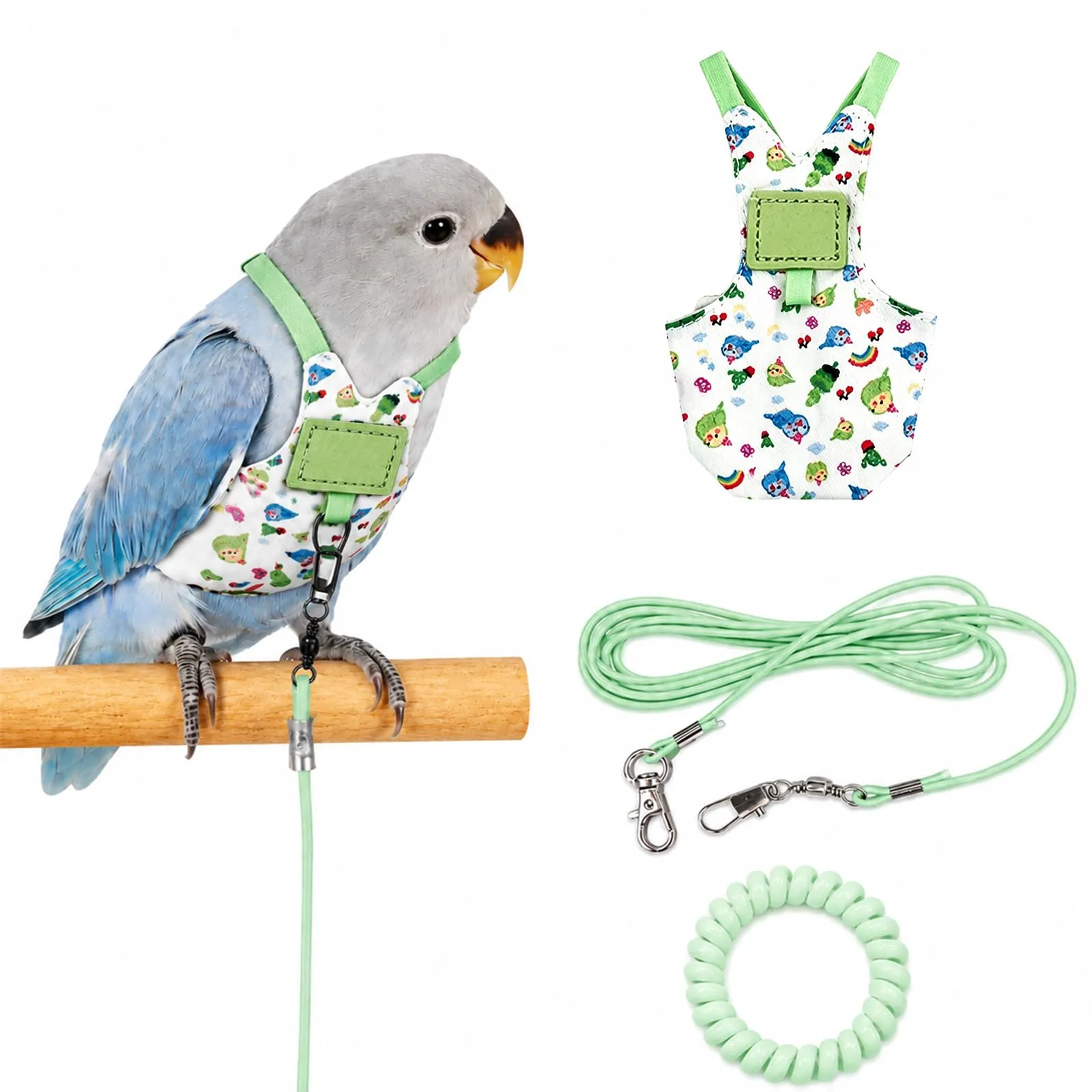 Beyinkoy Pettorina e Guinzaglio per Pappagalli, Gilet da Volo Leggero, 3 m, Taglia 1#, Verde - immagine 1
