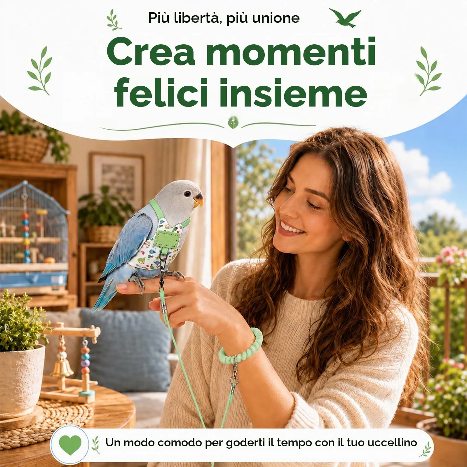 Beyinkoy Pettorina e Guinzaglio per Pappagalli, Gilet da Volo Leggero, 3 m, Taglia 1#, Verde - immagine 2
