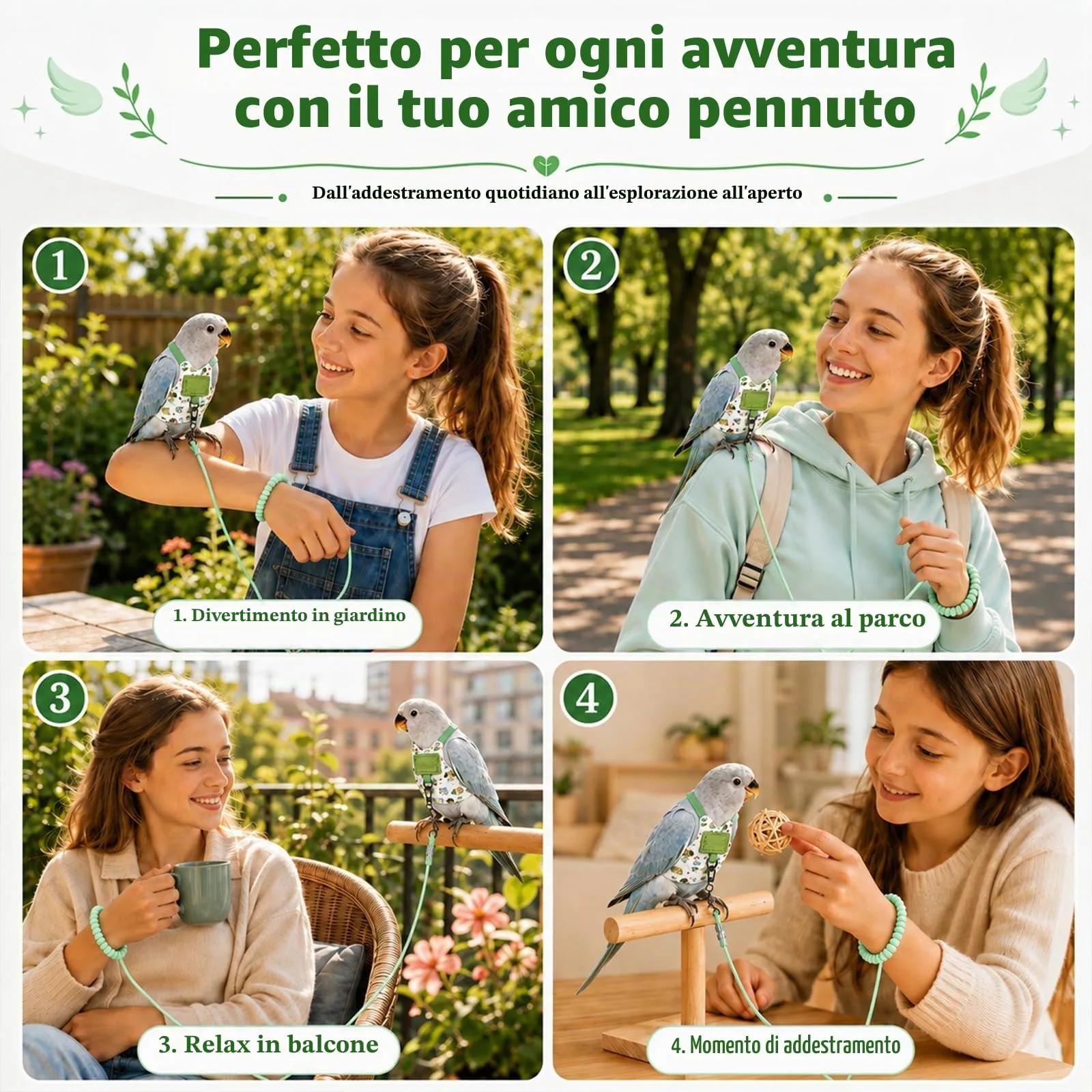 Beyinkoy Pettorina e Guinzaglio per Pappagalli, Gilet da Volo Leggero, 3 m, Taglia 1#, Verde - immagine 3