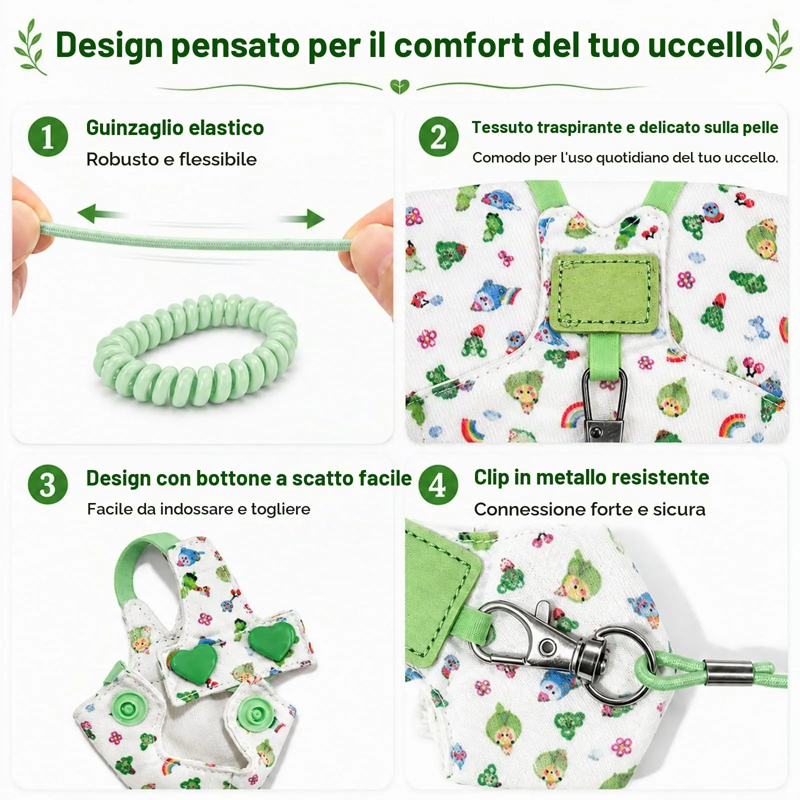 Beyinkoy Pettorina e Guinzaglio per Pappagalli, Gilet da Volo Leggero, 3 m, Taglia 1#, Verde - immagine 5