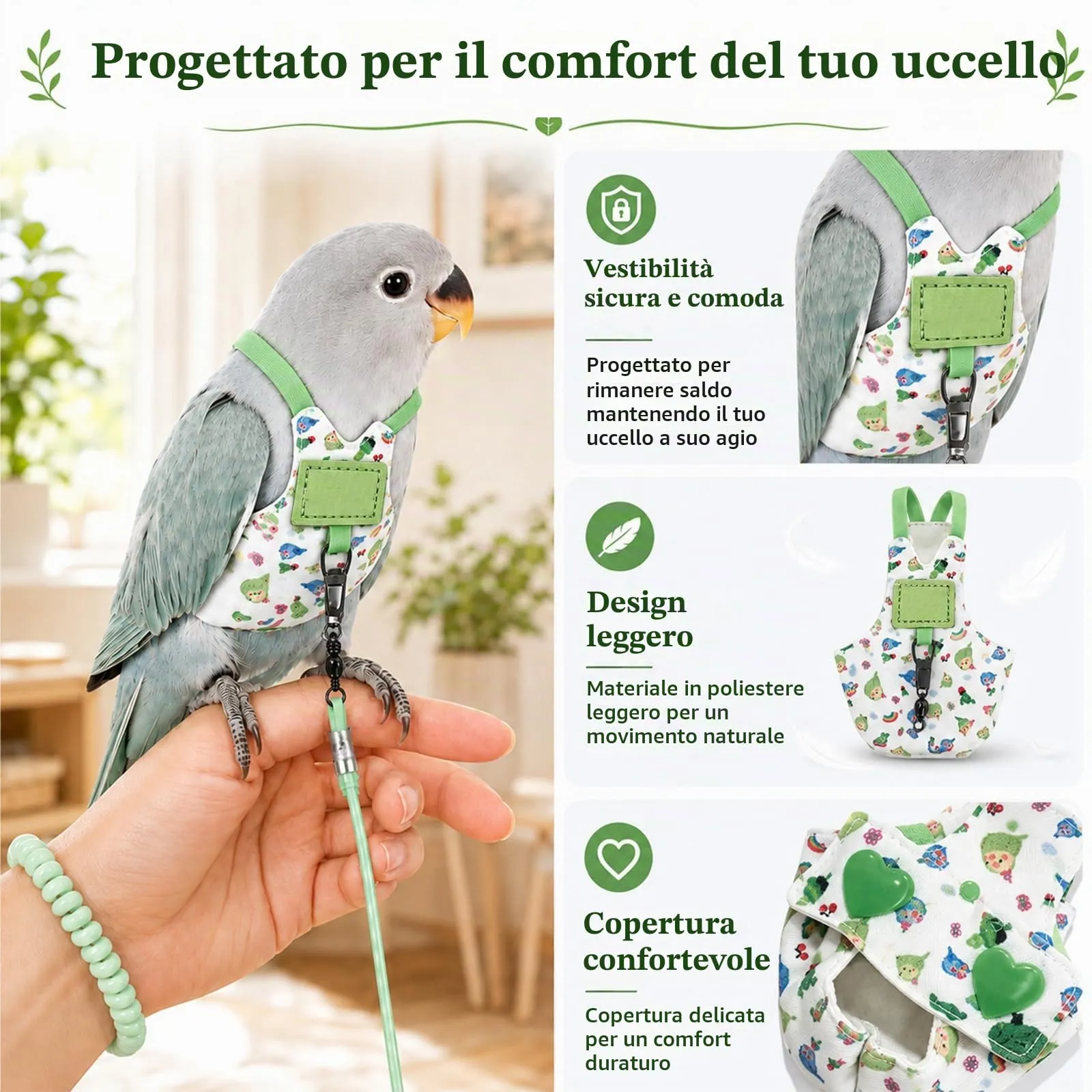Beyinkoy Pettorina e Guinzaglio per Pappagalli, Gilet da Volo Leggero, 3 m, Taglia 1#, Verde - immagine 6