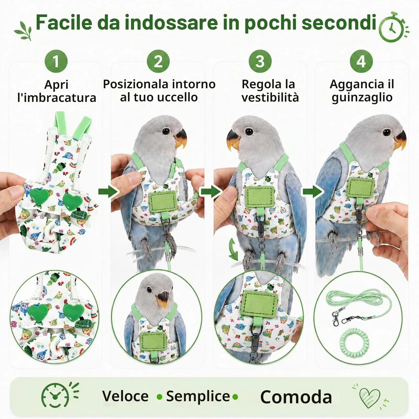 Beyinkoy Pettorina e Guinzaglio per Pappagalli, Gilet da Volo Leggero, 3 m, Taglia 1#, Verde - immagine 7