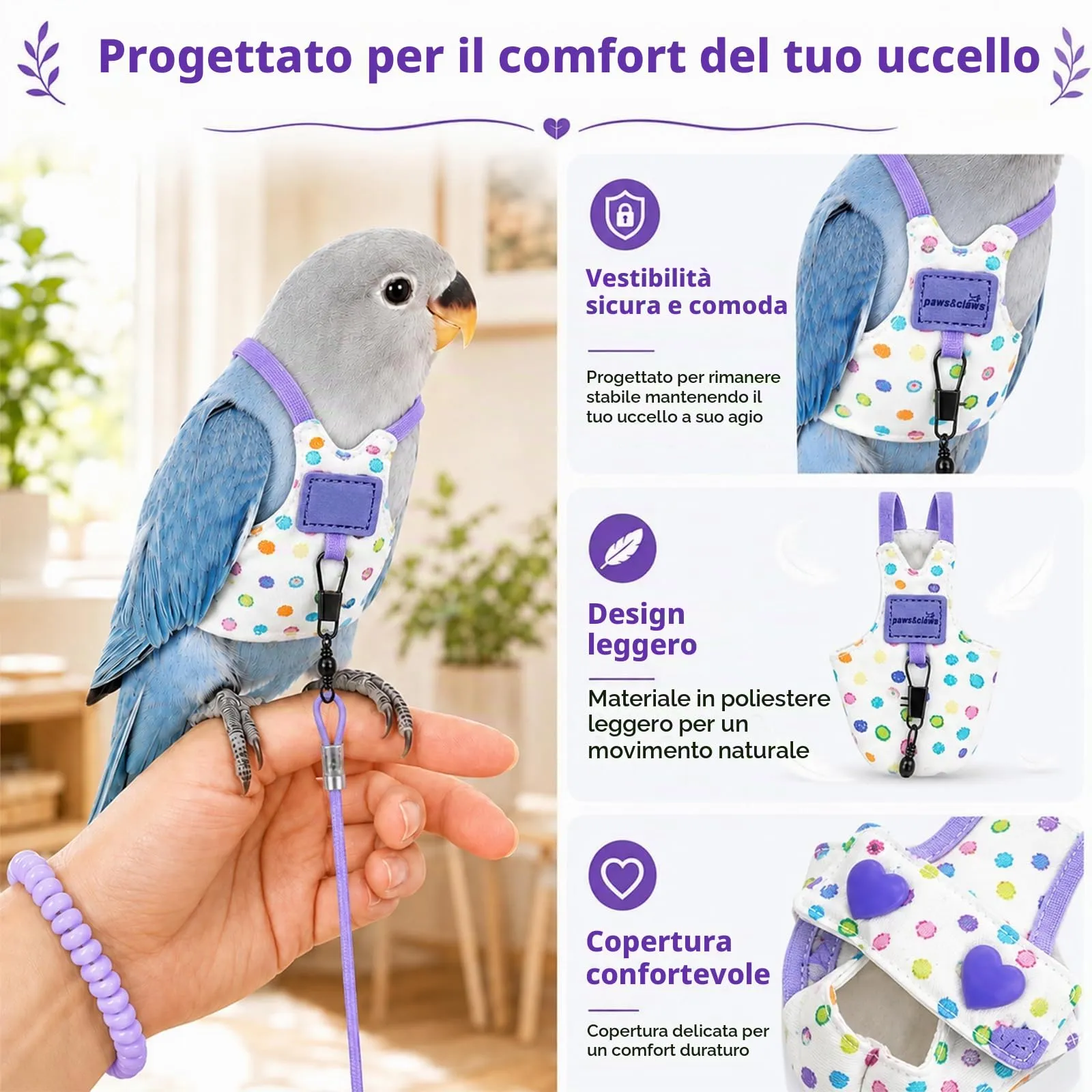 Beyinkoy Pettorina e Guinzaglio per Pappagalli, Gilet da Volo Leggero, 3m, Taglia 2# - immagine 6