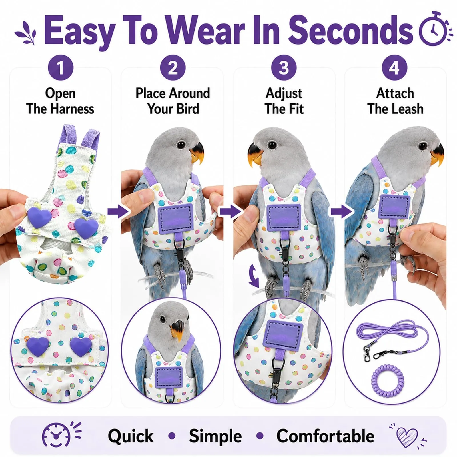 Beyinkoy Pettorina e Guinzaglio per Pappagalli, 3m, Gilet da Volo Leggero, Taglia 4#, Viola - immagine 7