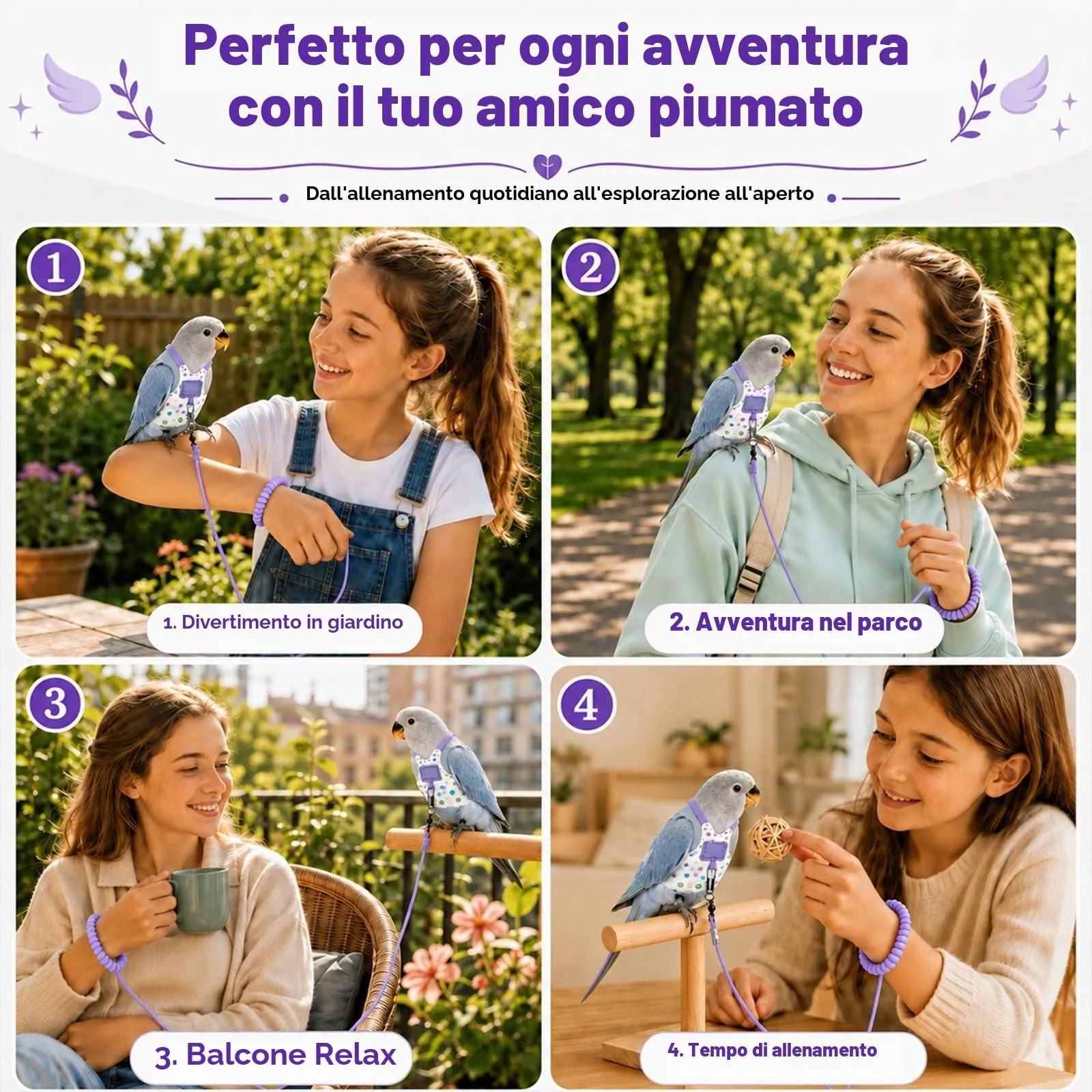 Beyinkoy Pettorina e Guinzaglio per Pappagalli, Gilet da Volo Leggero, 3 m, Taglia 5#, Viola - immagine 3
