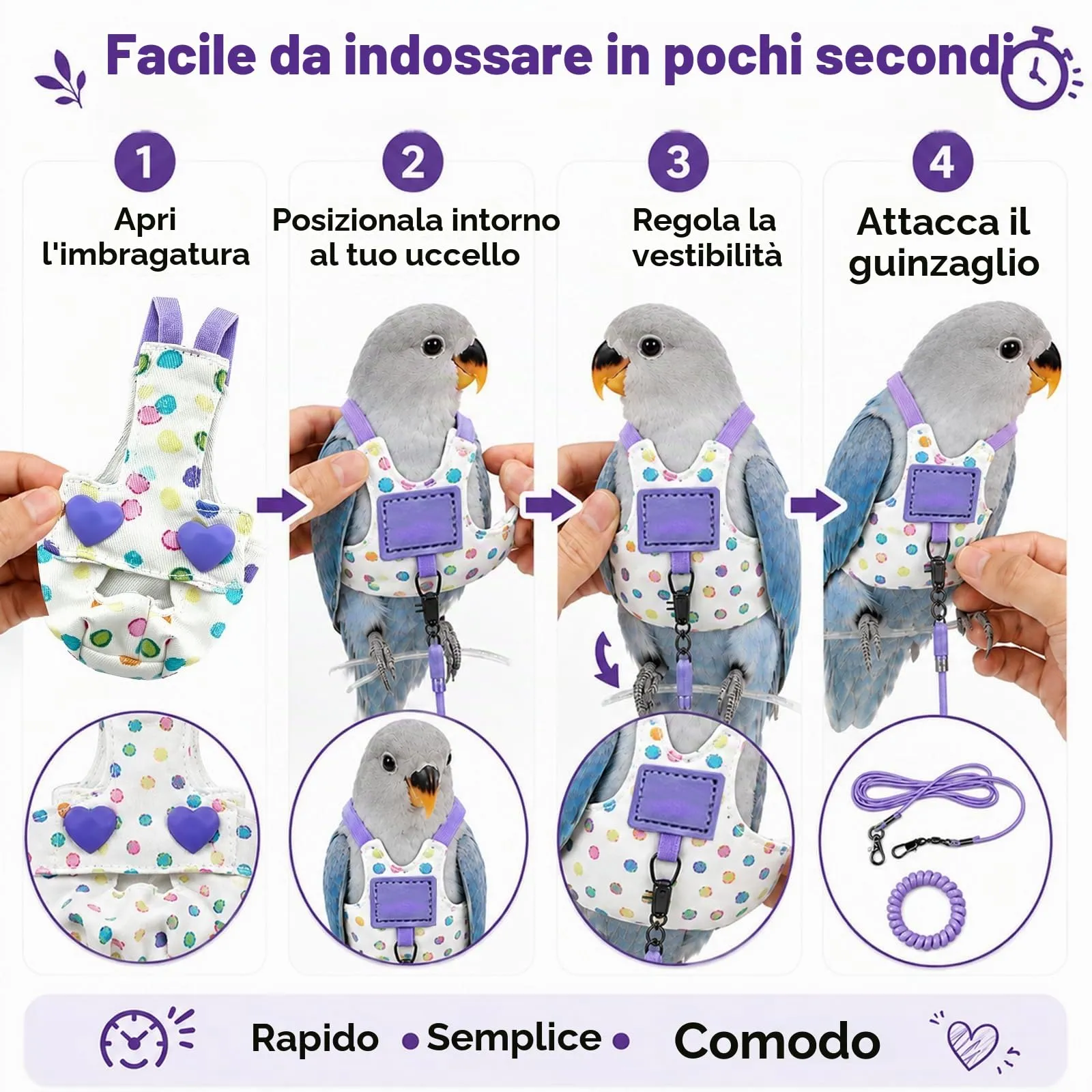 Beyinkoy Pettorina e Guinzaglio per Pappagalli, Gilet da Volo Leggero, 3 m, Taglia 5#, Viola - immagine 7