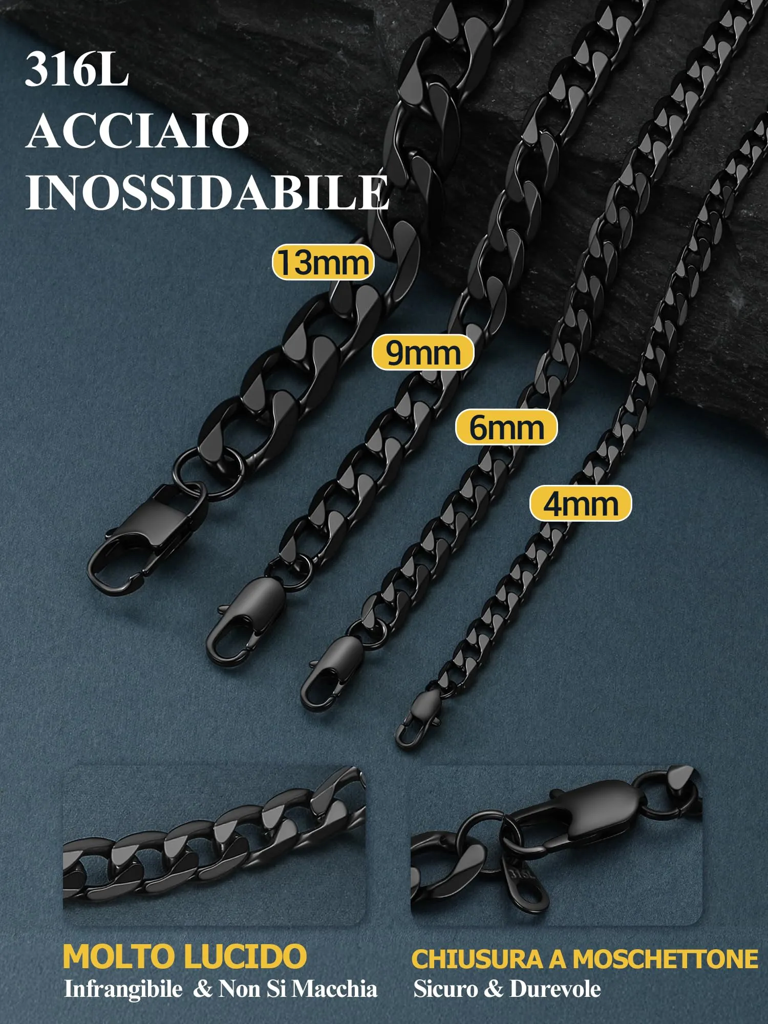 PROSTEEL Collana Uomo Catena Cubana in Acciaio Inossidabile 316L Nero 13mm 61cm - immagine 3